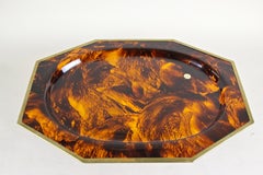 Faux Tortoiseshell Plexiglass Tray with Brass Edges by ALPAC, France circa 1980