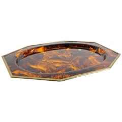 Vintage Faux Tortoiseshell Plexiglass Tray with Brass Edges by ALPAC, France circa 1980