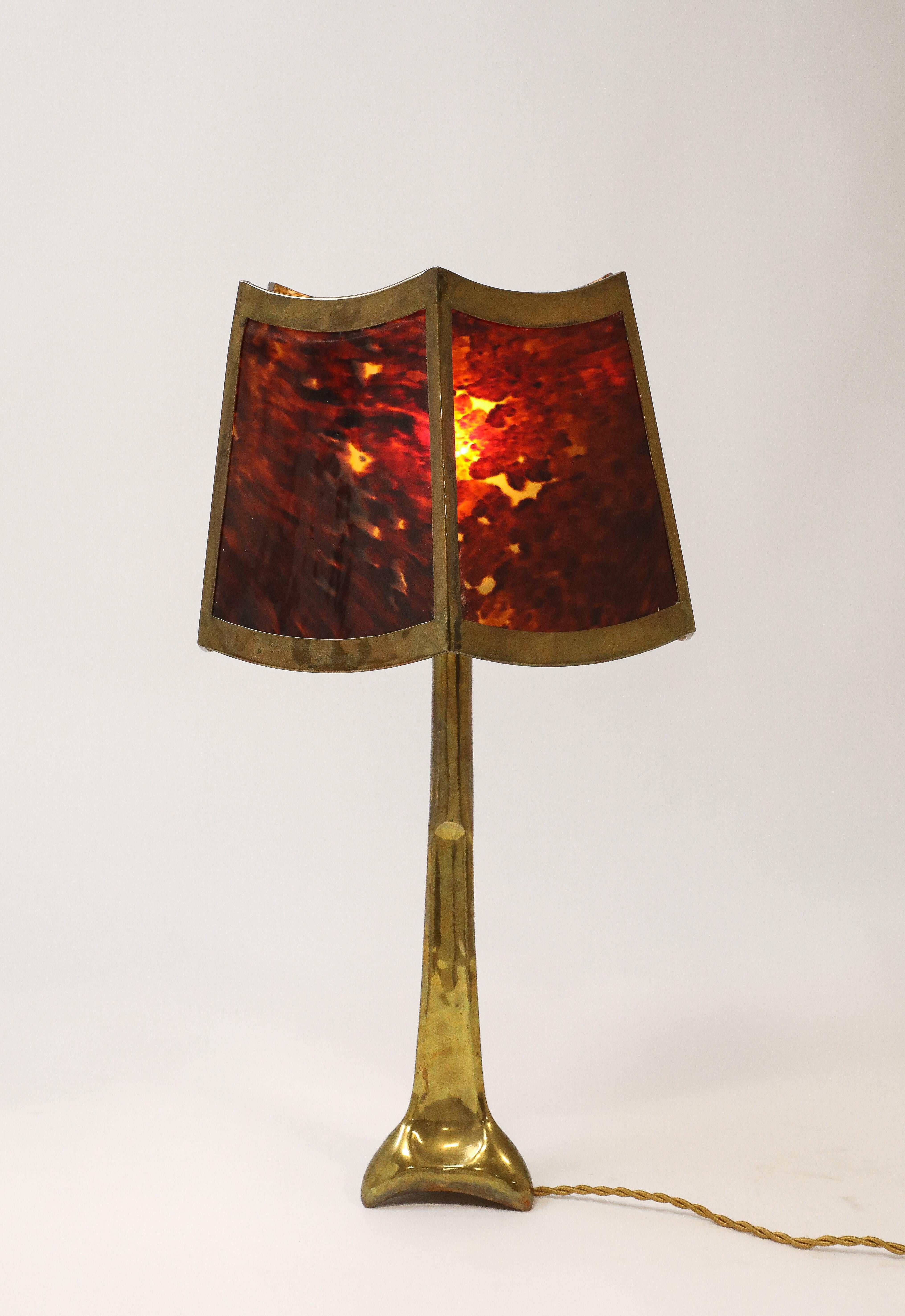 Faux Tortoiseshell Shaded Bronze Lamp, France 1950's For Sale 5