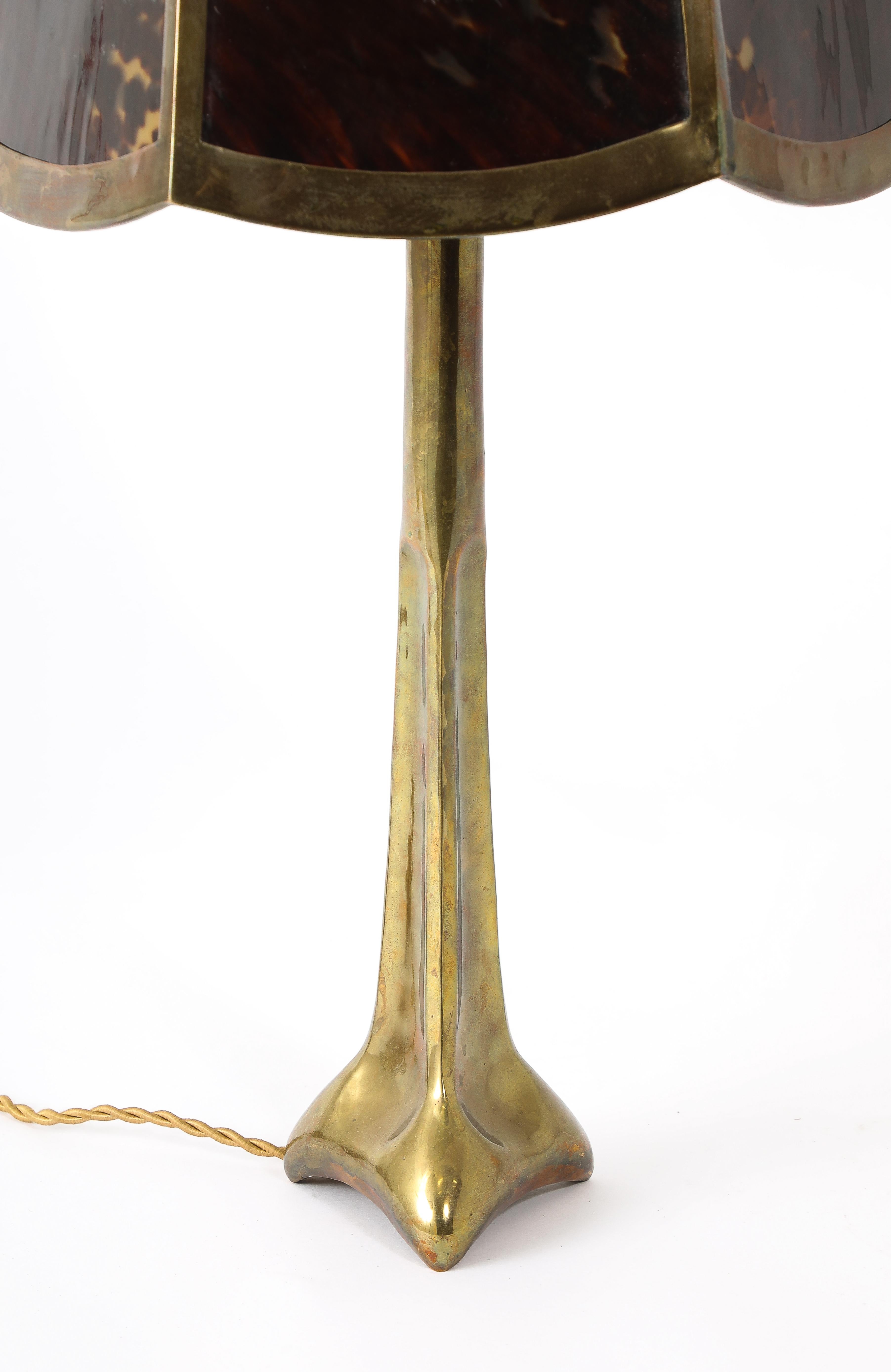 Mid-Century Modern Faux Tortoiseshell Shaded Bronze Lamp, France 1950's For Sale