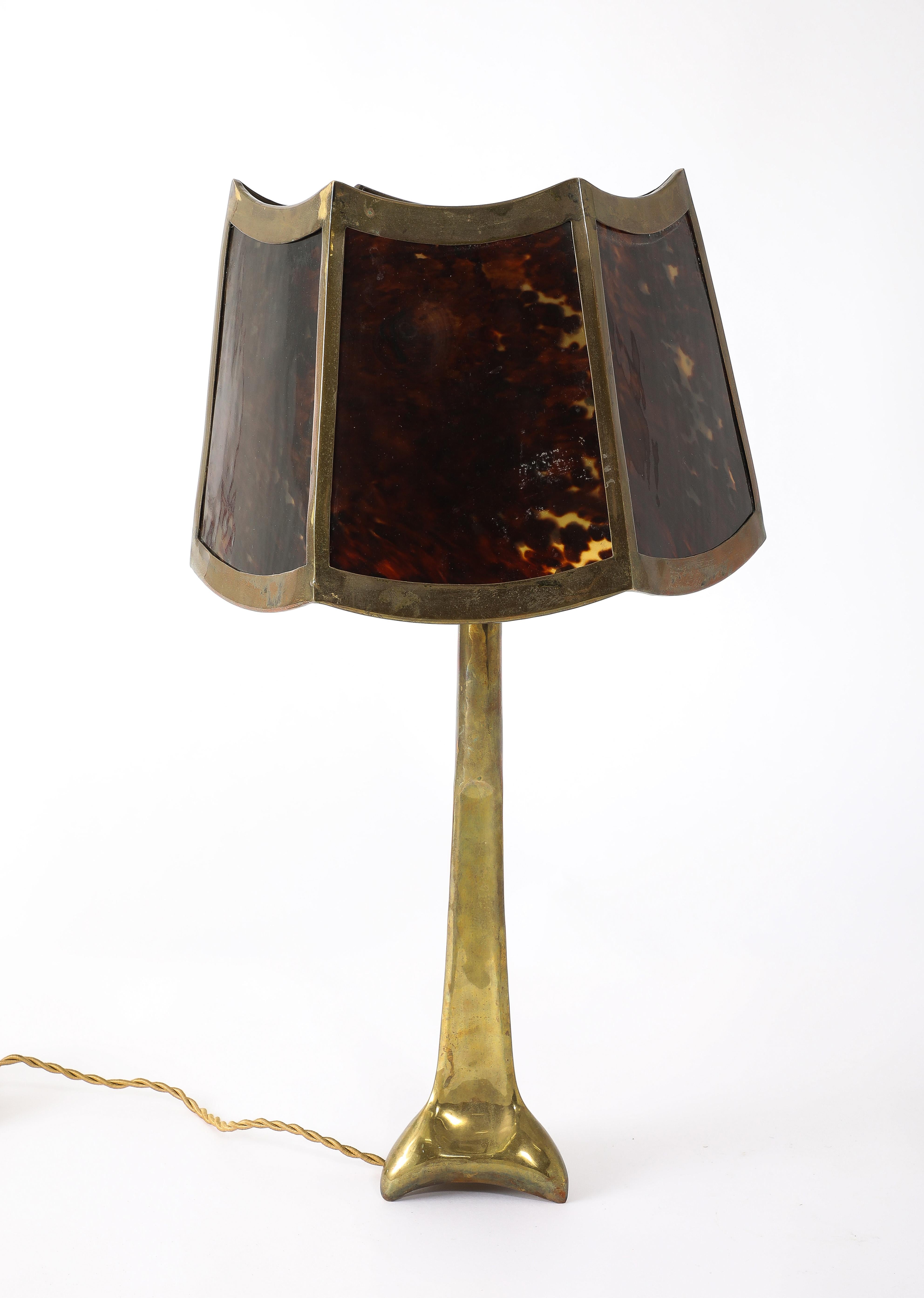 French Faux Tortoiseshell Shaded Bronze Lamp, France 1950's For Sale