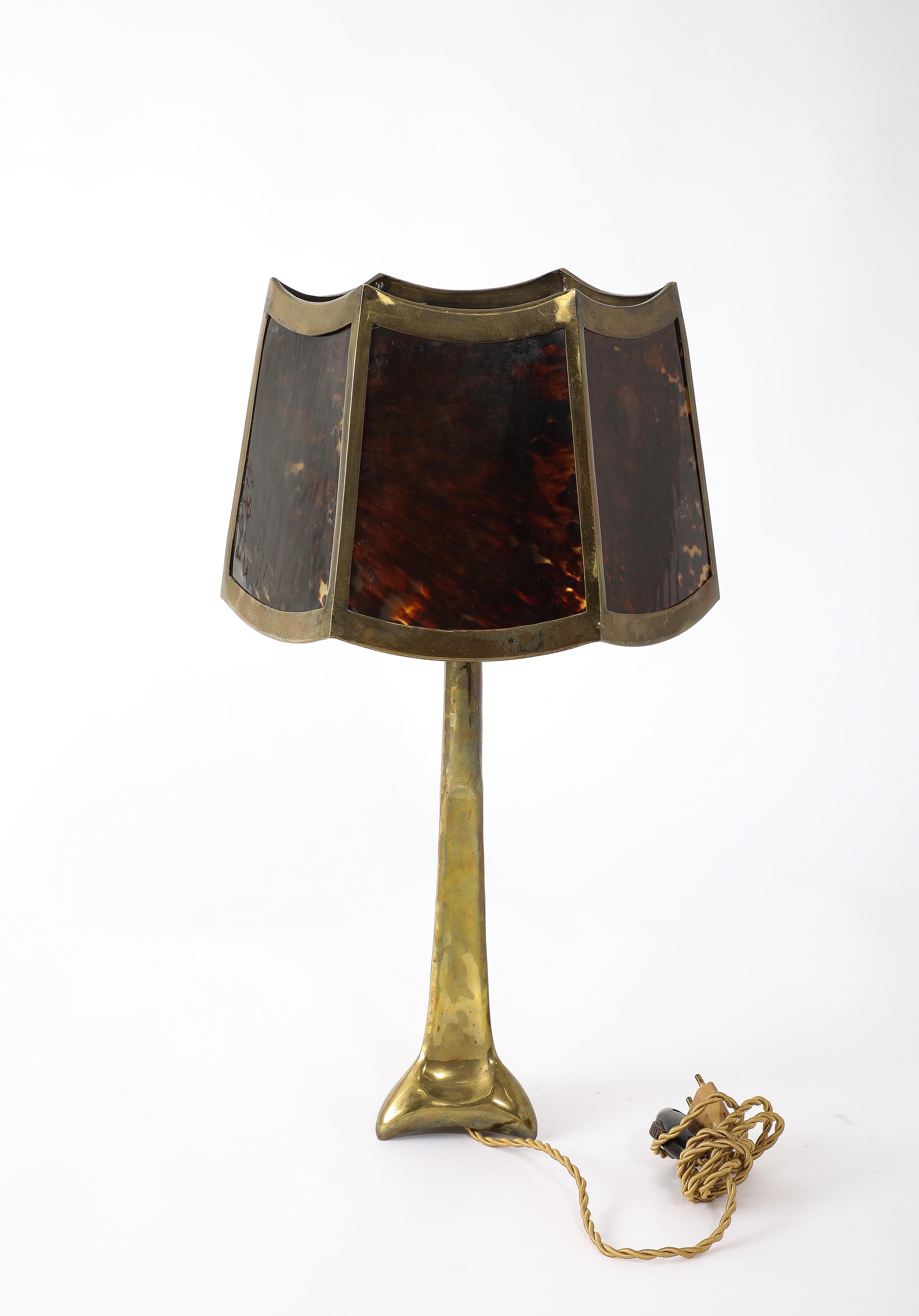 Faux Tortoiseshell Shaded Bronze Lamp, France 1950's In Good Condition For Sale In New York, NY