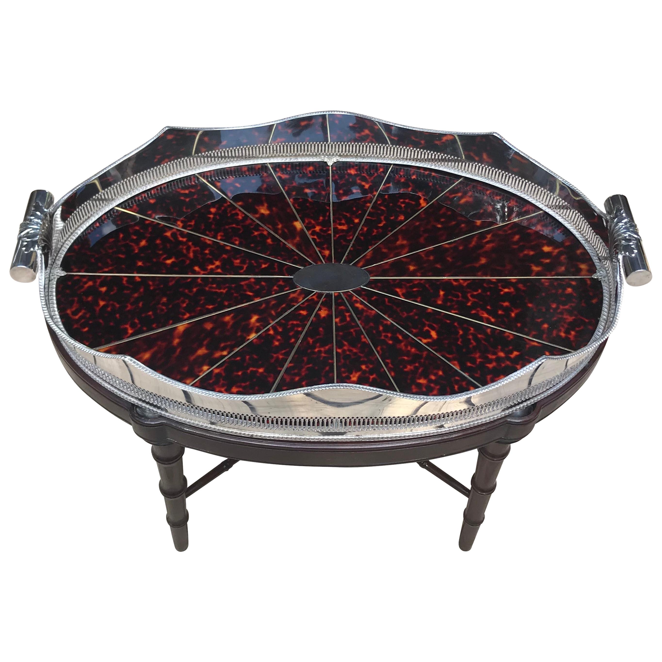 Faux Tortoiseshell Silver Gallery Tray on Mahogany Table For Sale