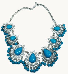 Faux Turquoise & Clear Crystals Bib Necklace
