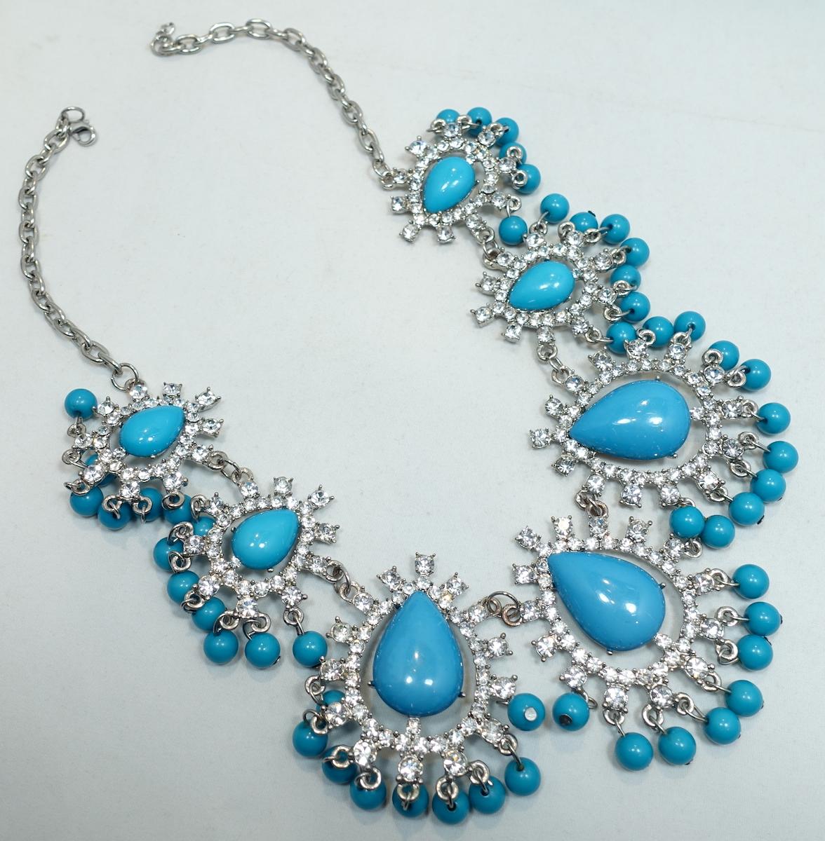 Faux Turquoise & Clear Crystals Bib Necklace In Good Condition For Sale In New York, NY