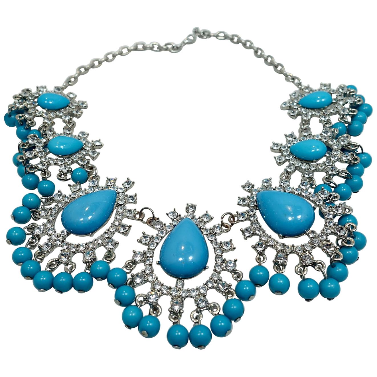 Faux Turquoise & Clear Crystals Bib Necklace For Sale