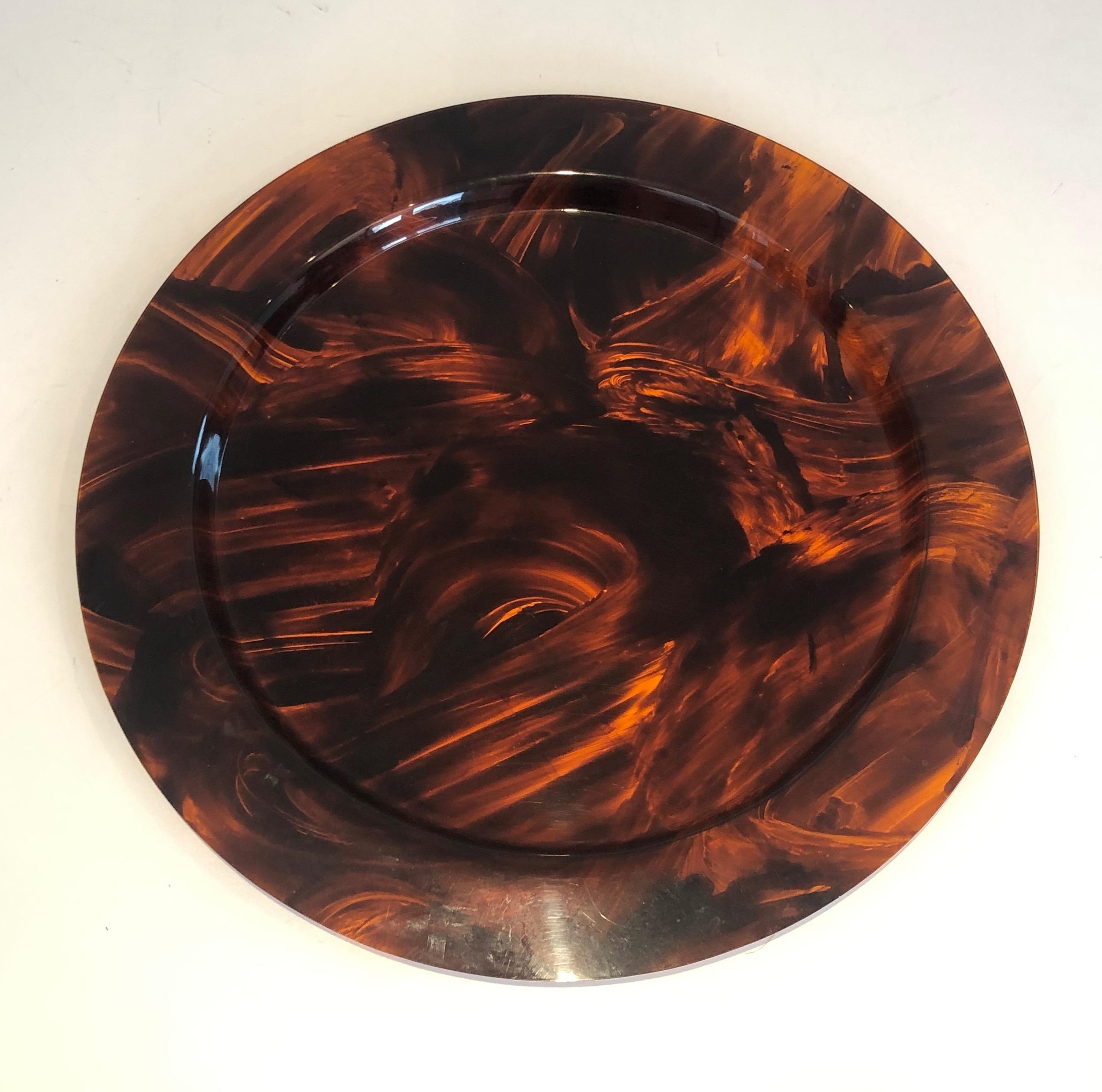 Faux Turtle-Shell Lucite Round Tray. French Work. Circa 1970. For Sale 11
