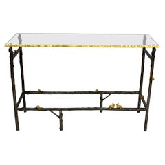 Table console en fausse brindille avec escargots en bronze doré et plateau en verre rustique
