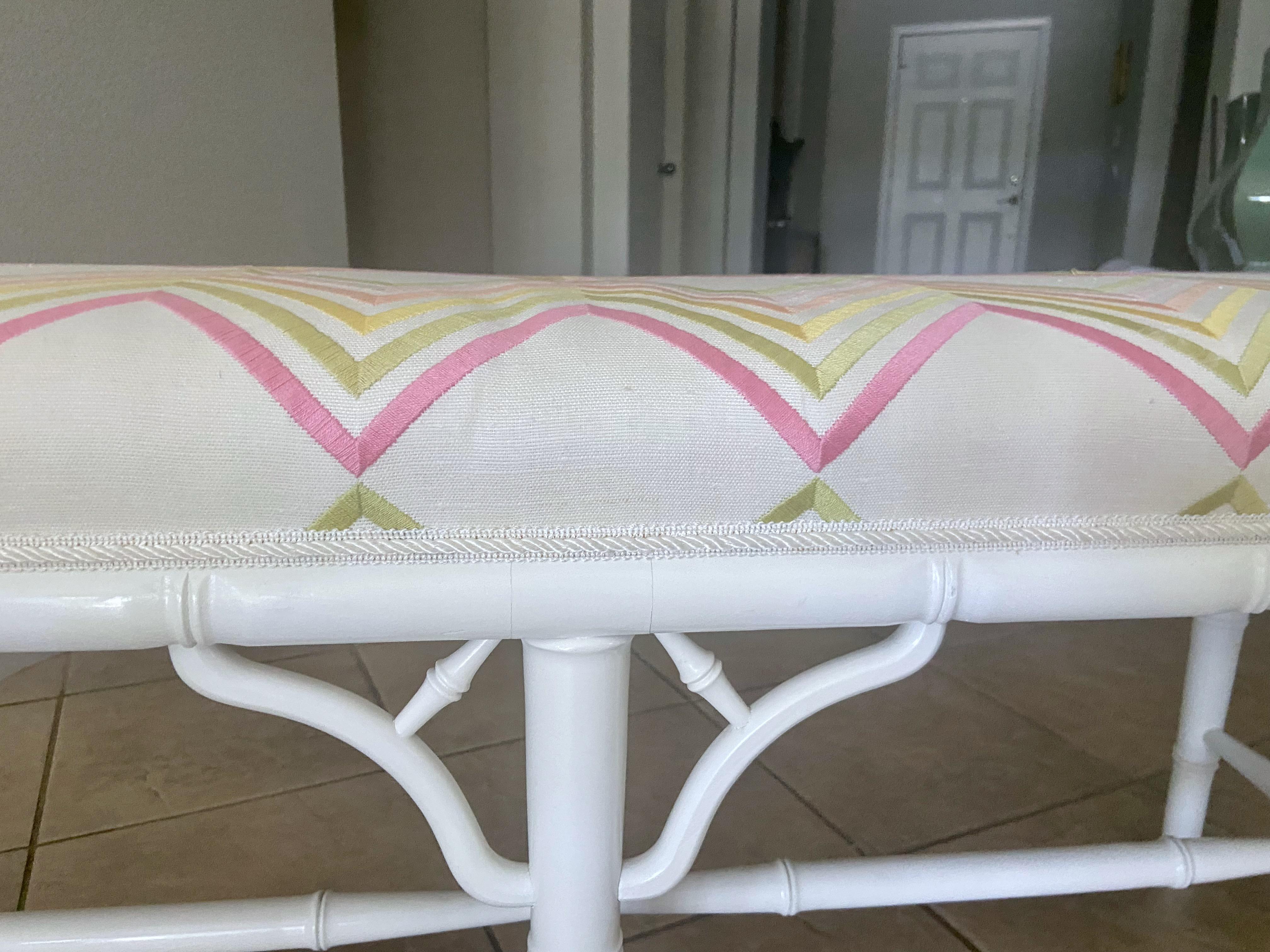 Faux Wood Bamboo White Upholstered Bench For Sale 4