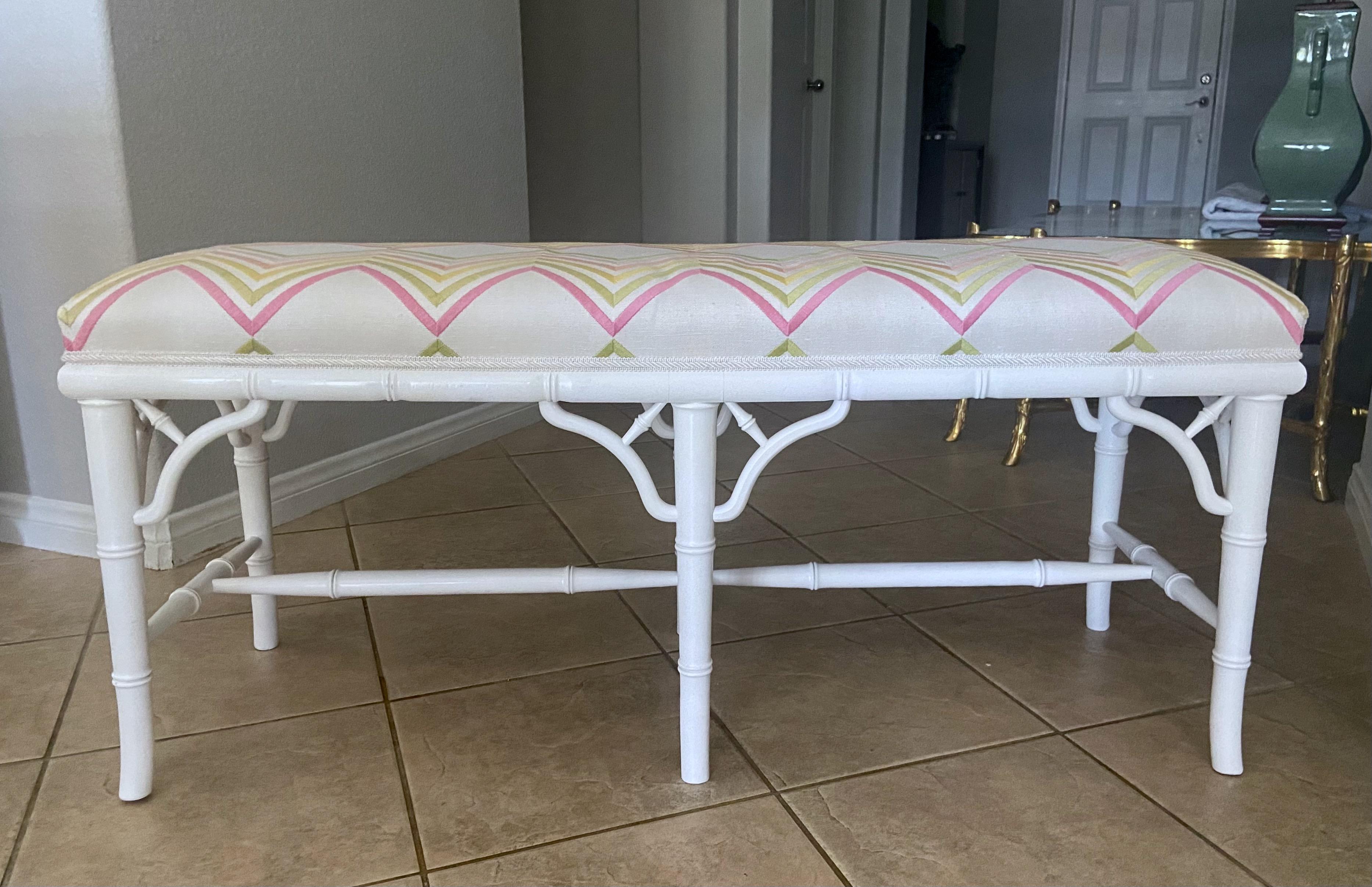 Faux Wood Bamboo White Upholstered Bench For Sale 7