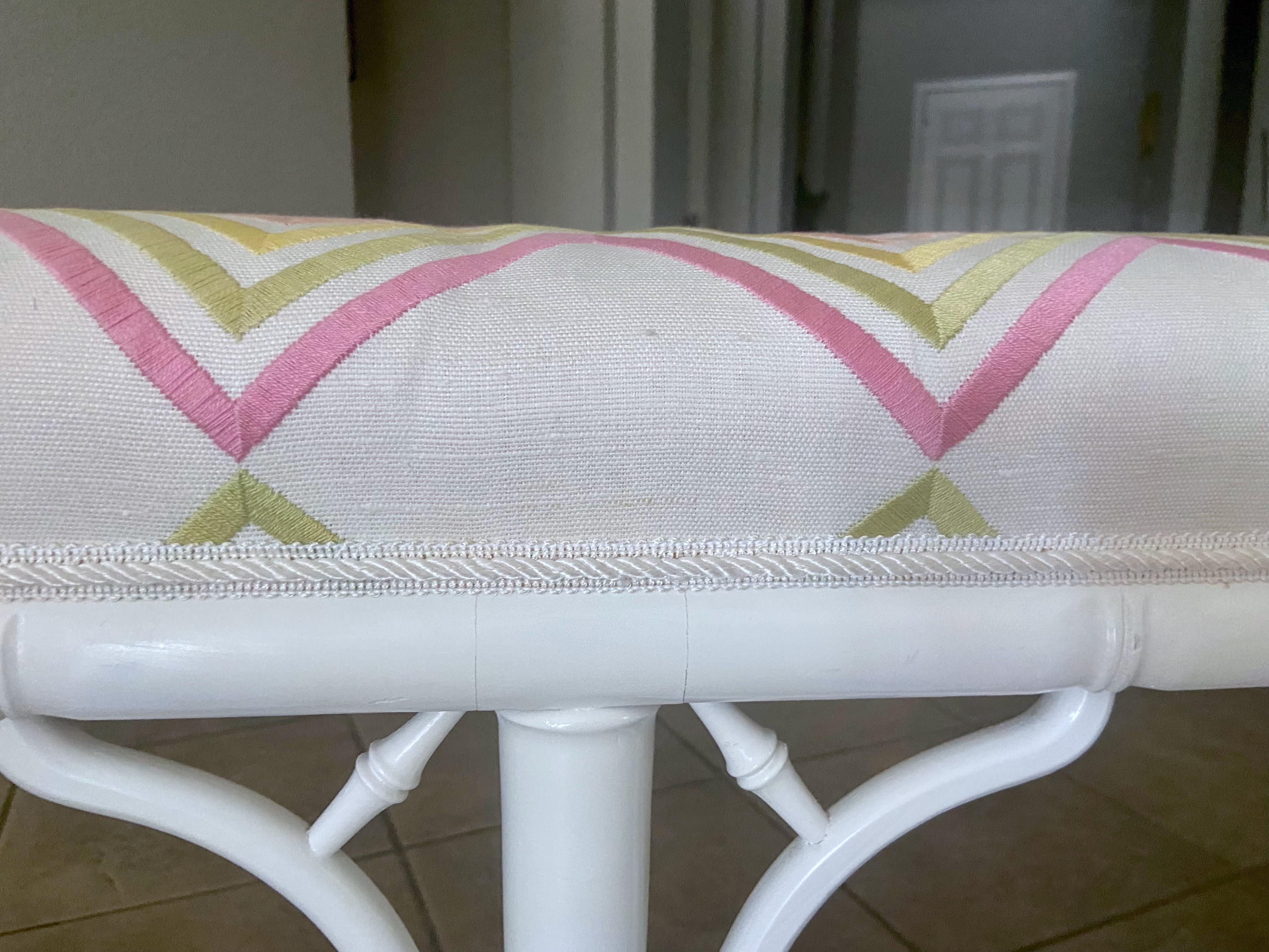 Faux Wood Bamboo White Upholstered Bench For Sale 8