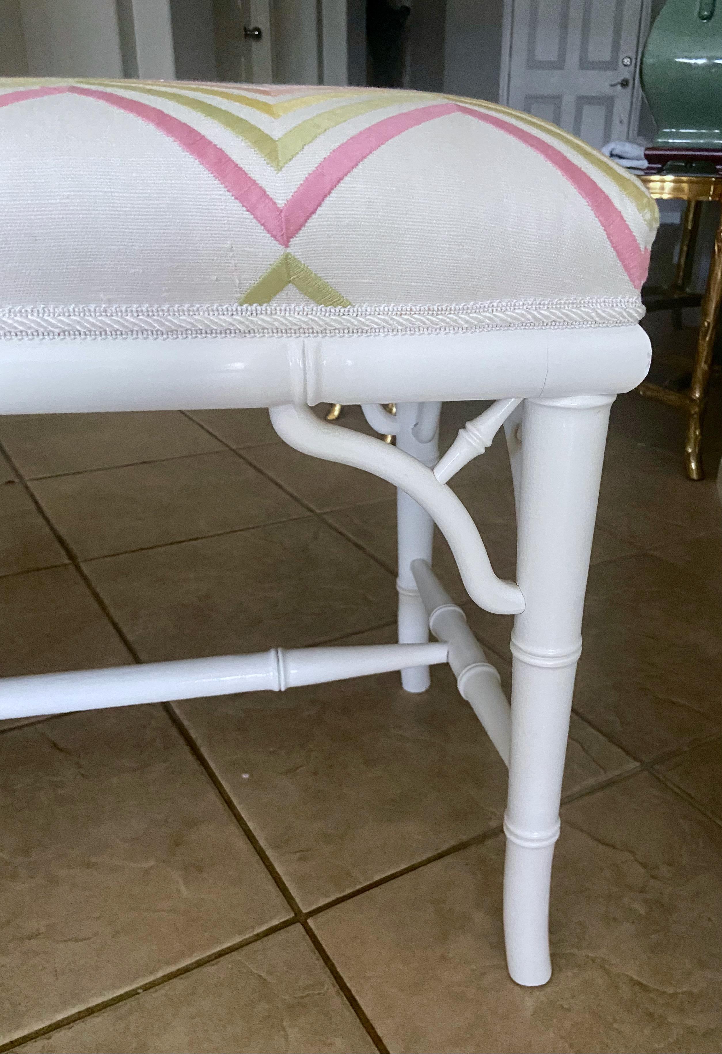 Faux Wood Bamboo White Upholstered Bench For Sale 9