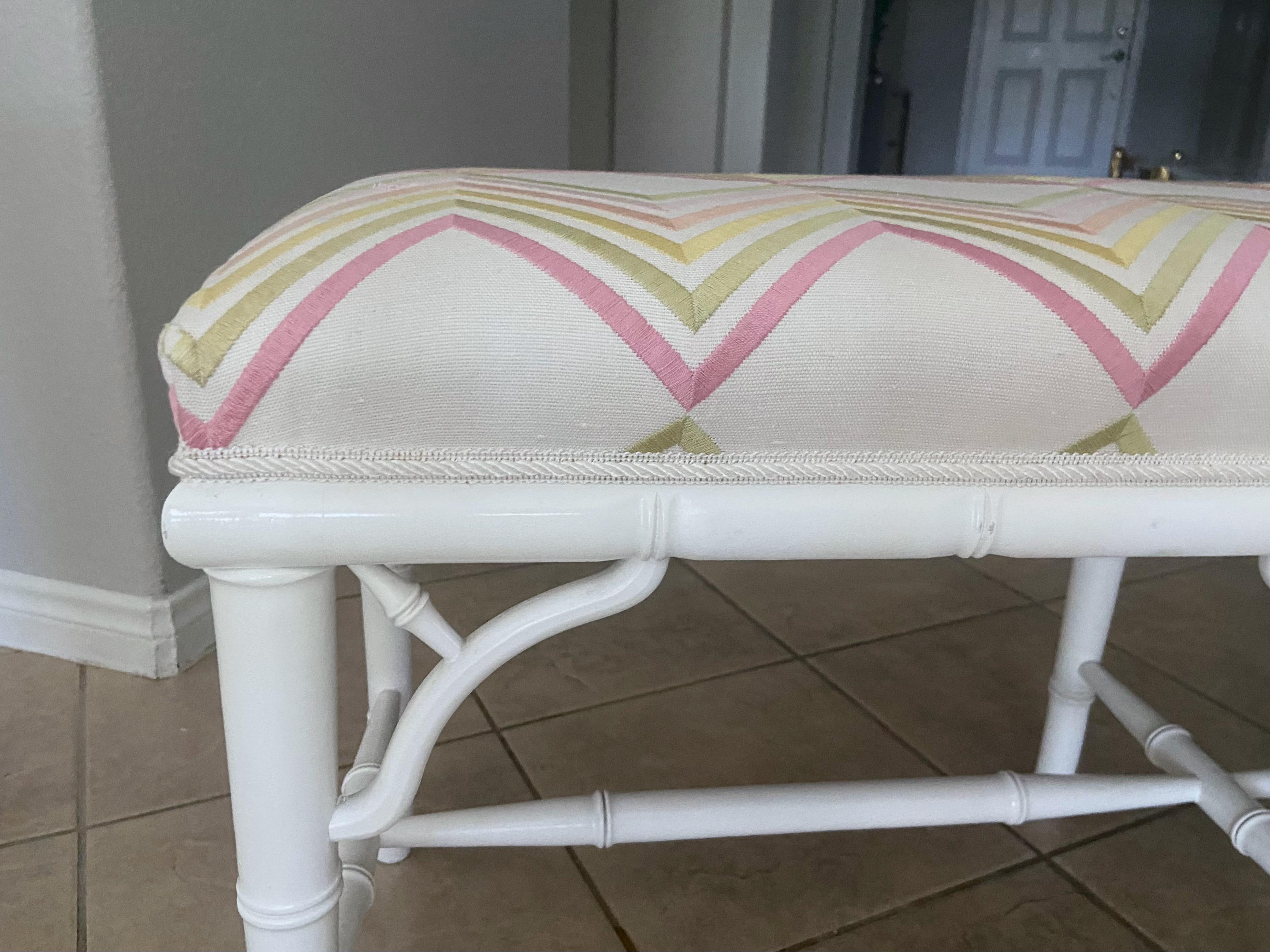 Faux Wood Bamboo White Upholstered Bench For Sale 10