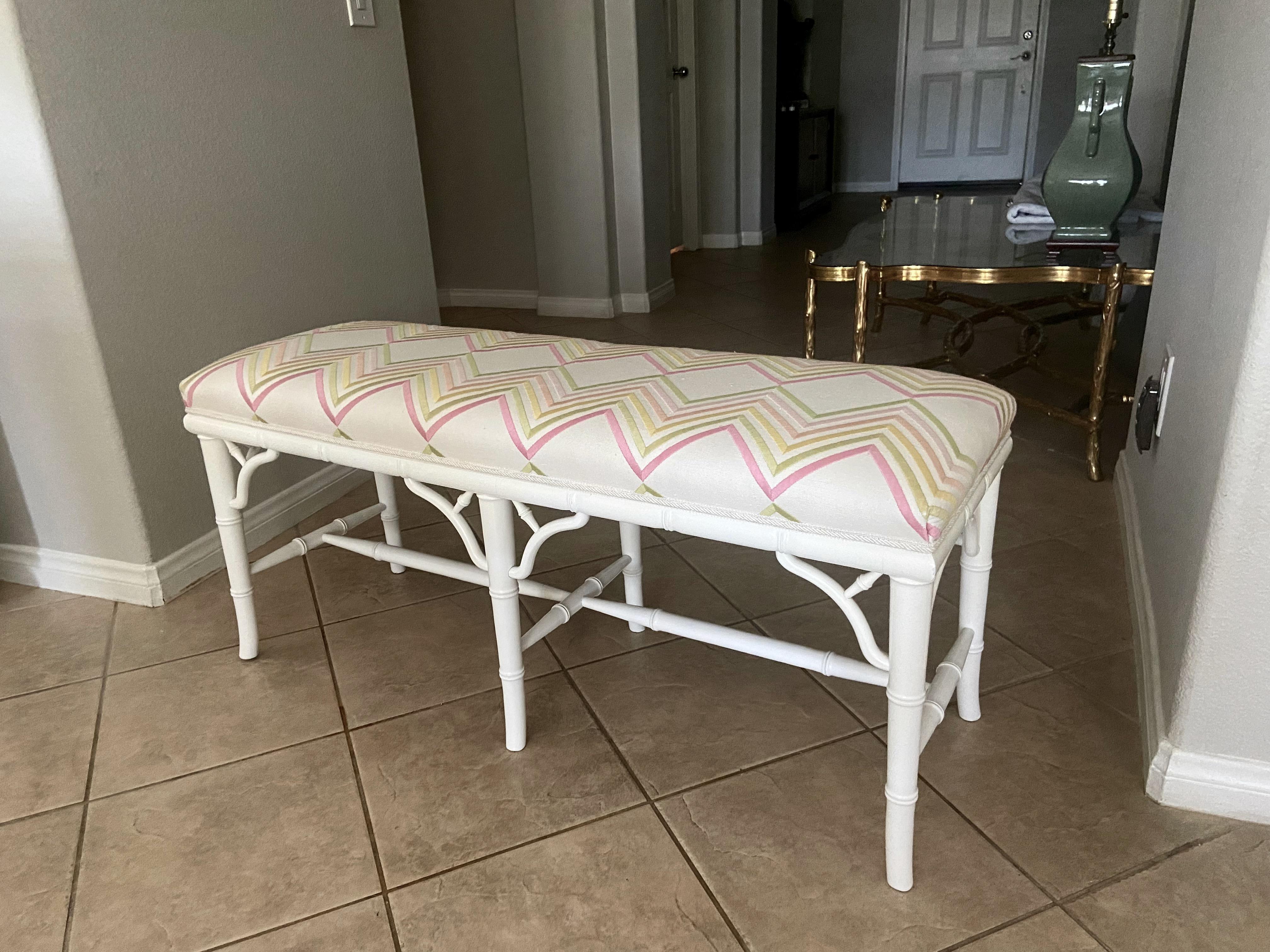 Faux Wood Bamboo White Upholstered Bench For Sale 11