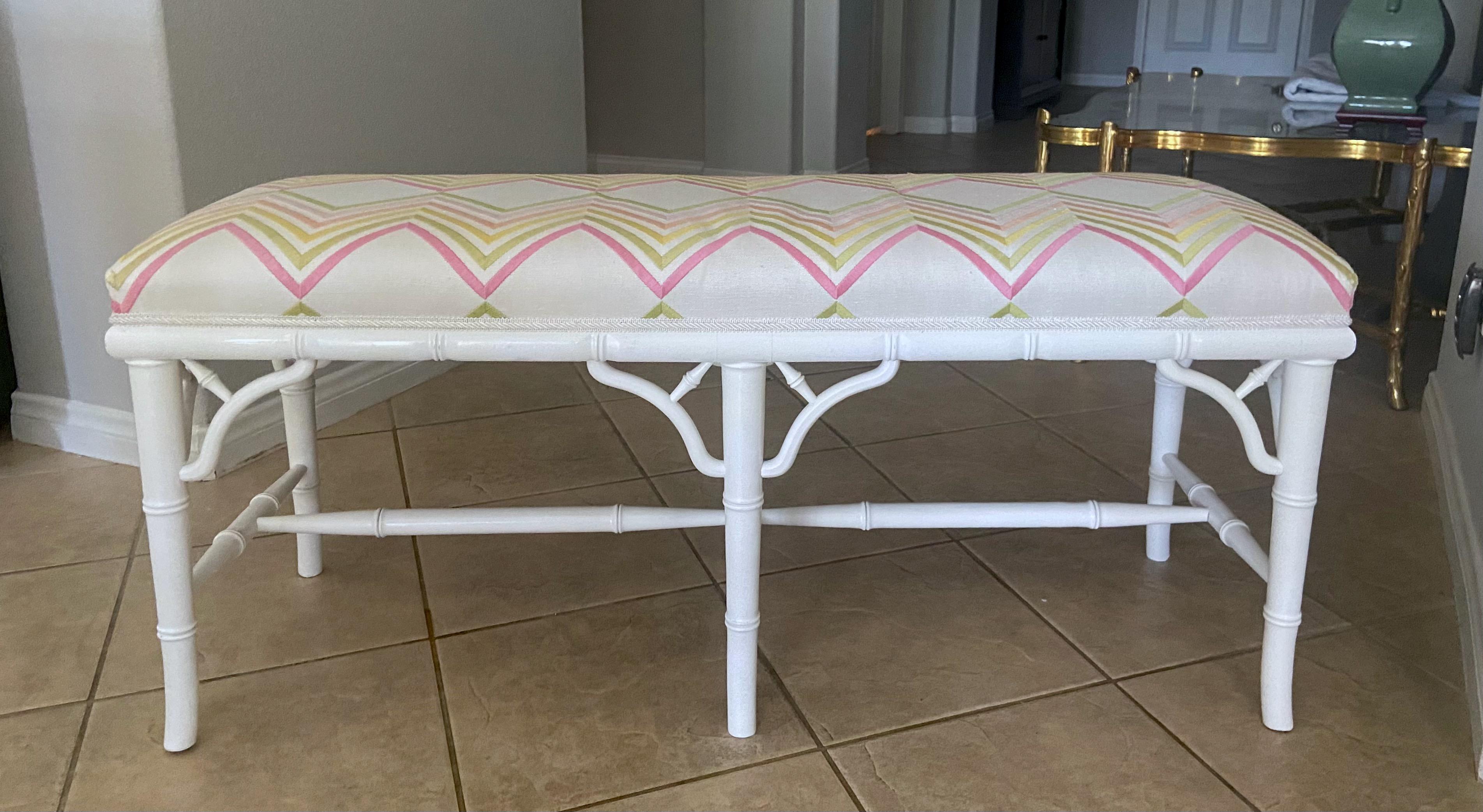 Faux Wood Bamboo White Upholstered Bench For Sale 12