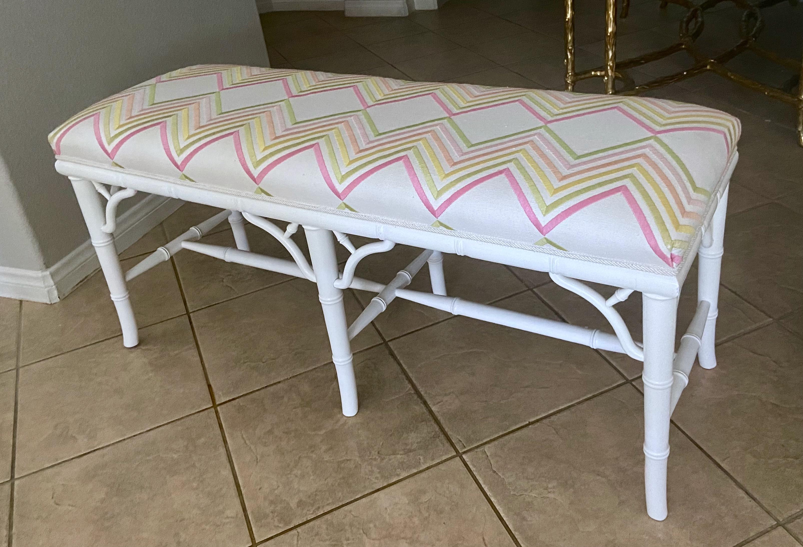 American Faux Wood Bamboo White Upholstered Bench For Sale