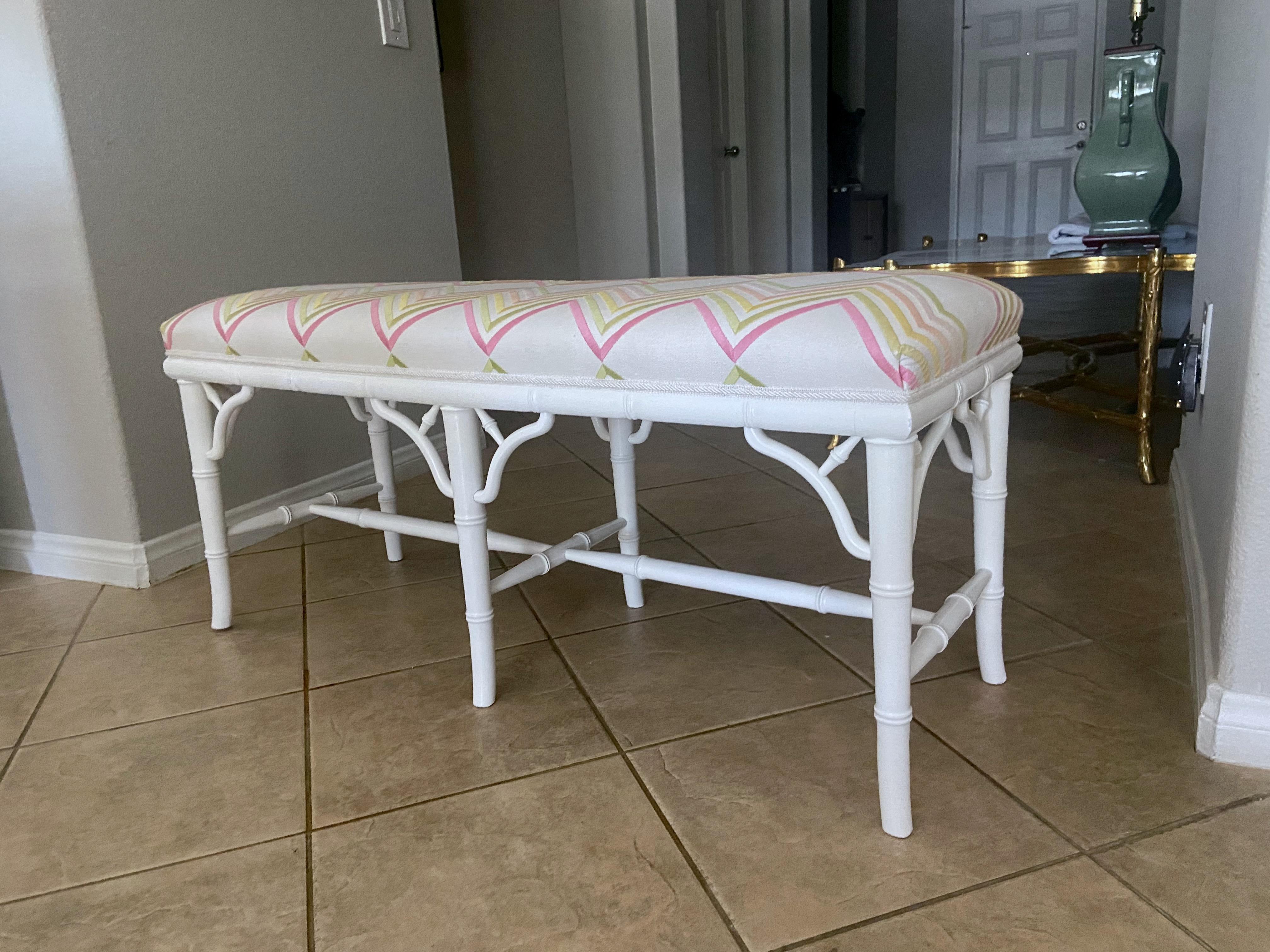 Late 20th Century Faux Wood Bamboo White Upholstered Bench For Sale