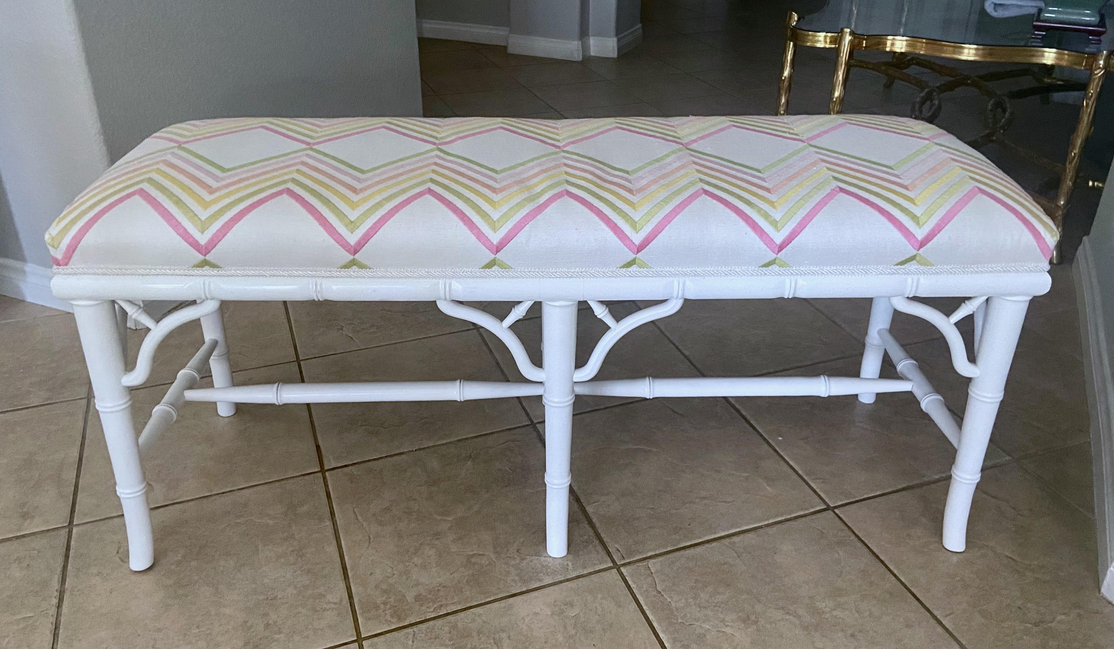 Bronze Faux Wood Bamboo White Upholstered Bench For Sale