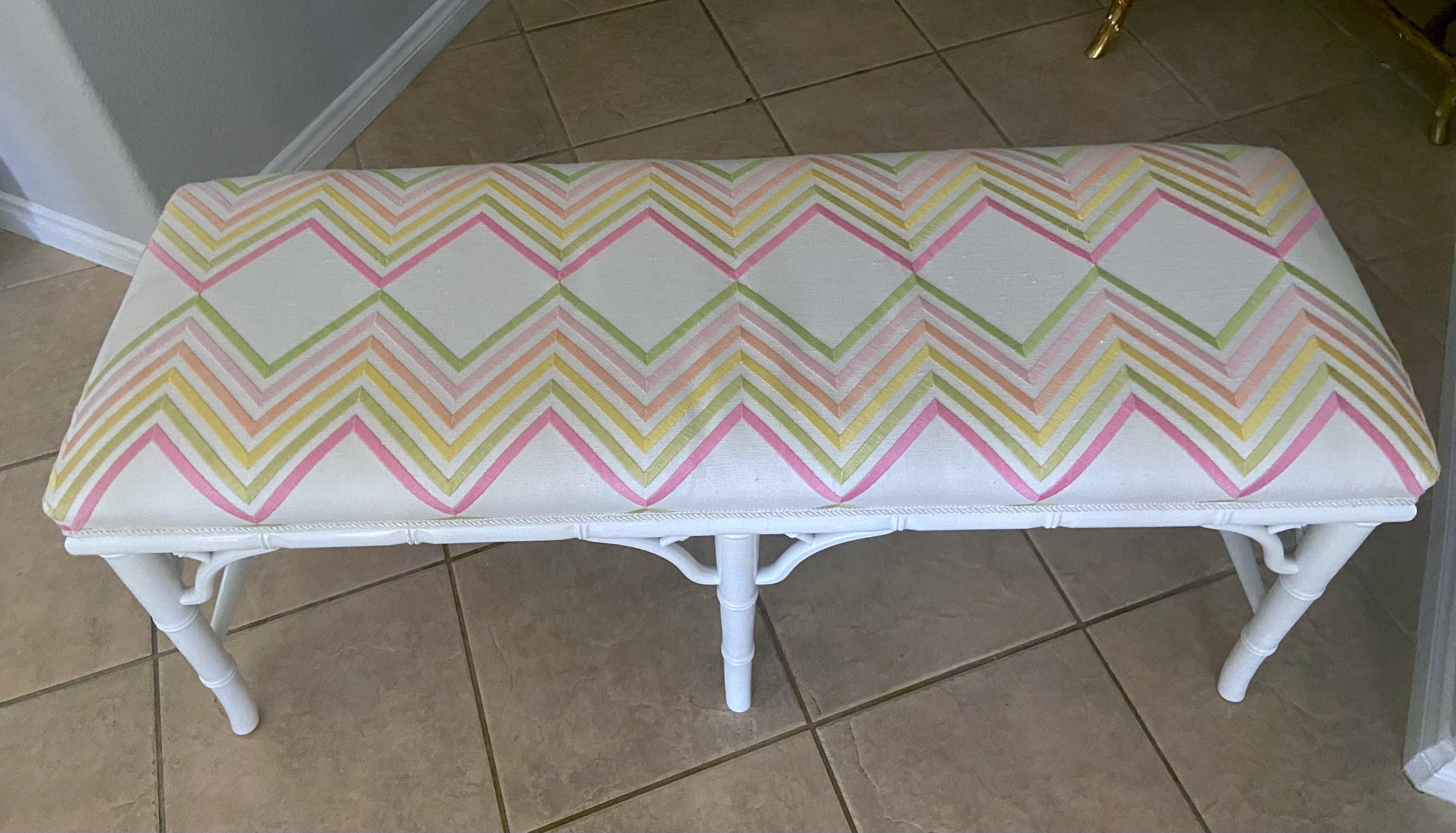 Faux Wood Bamboo White Upholstered Bench For Sale 1