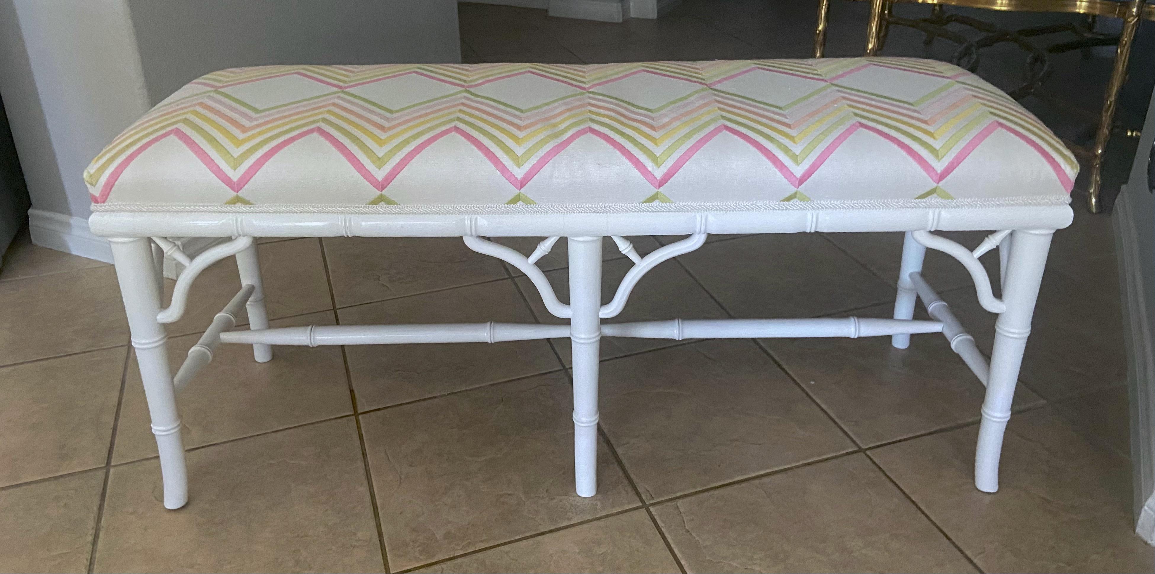 Faux Wood Bamboo White Upholstered Bench For Sale 2