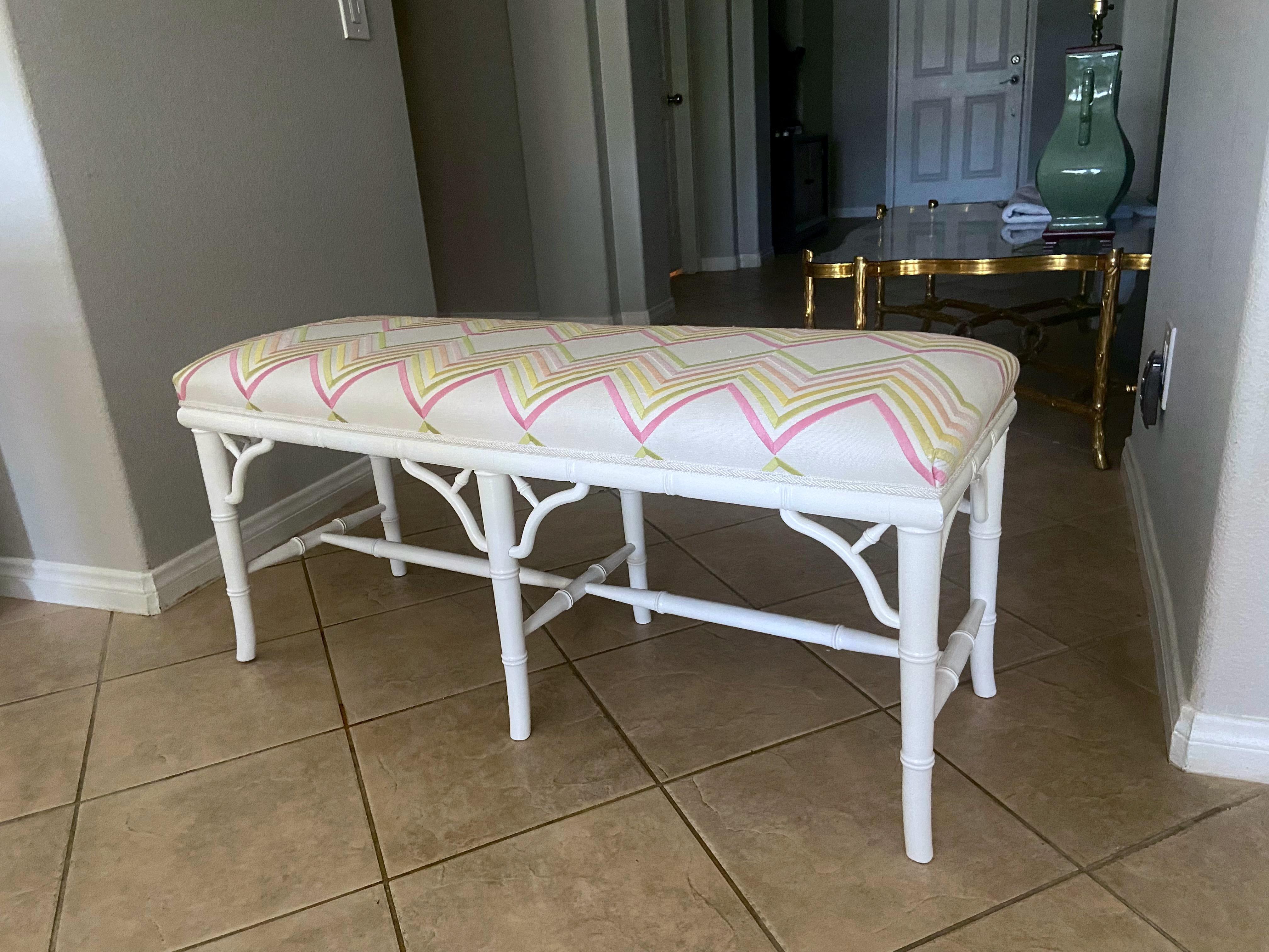 Faux Wood Bamboo White Upholstered Bench For Sale 3