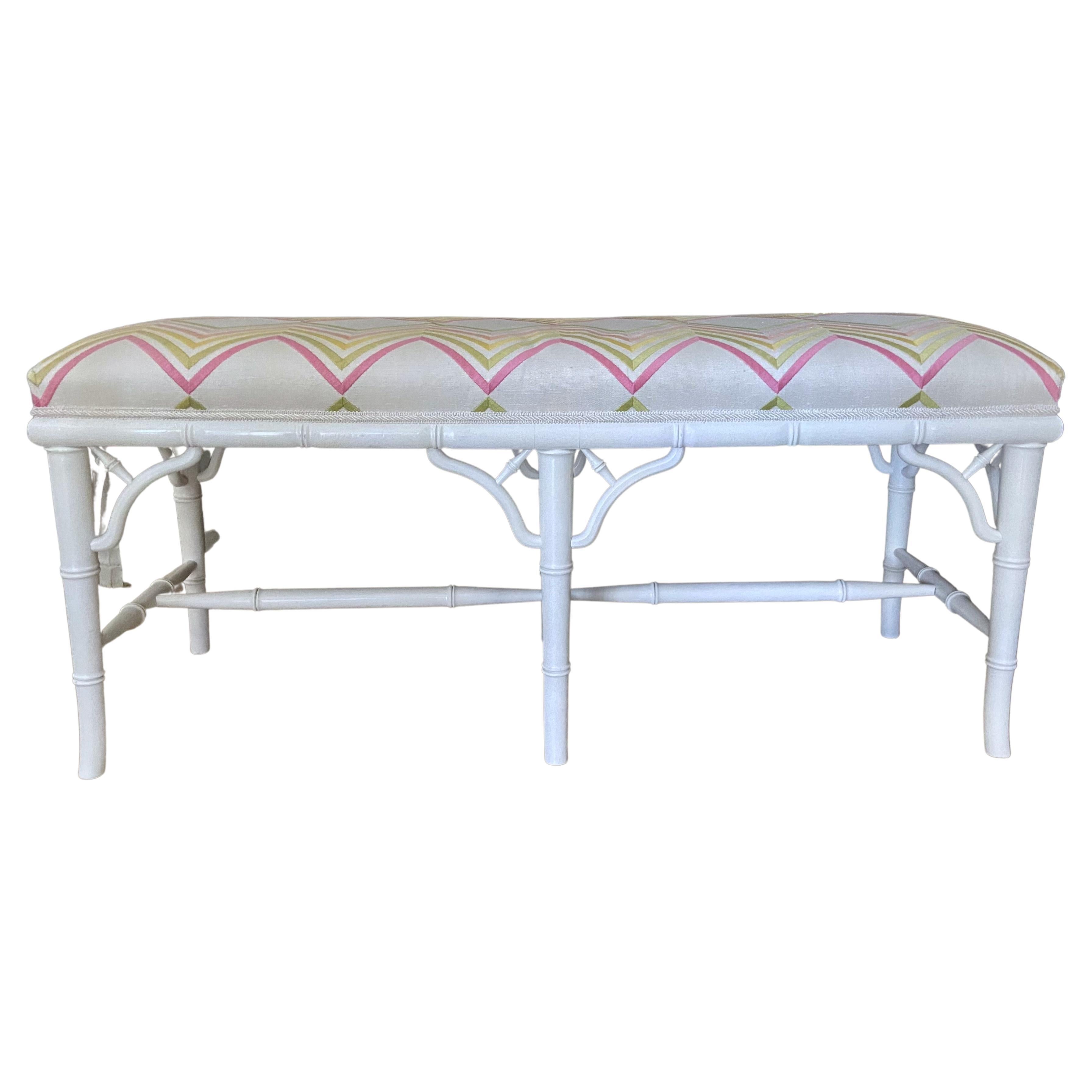 Faux Wood Bamboo White Upholstered Bench For Sale