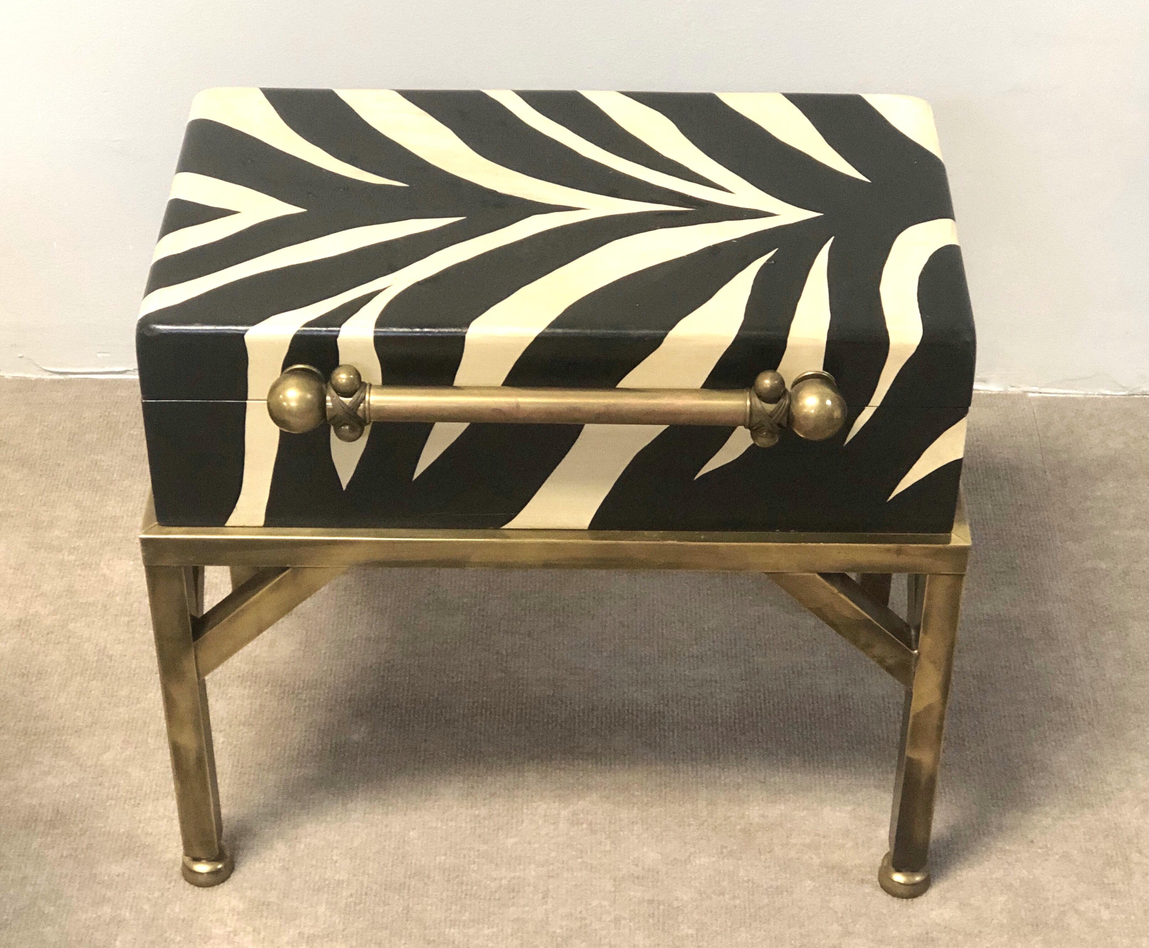 A practical and beautiful box, versatile enough to be used as a small side talbe. Wood construction with a painted finish resembling the zebra stripes.