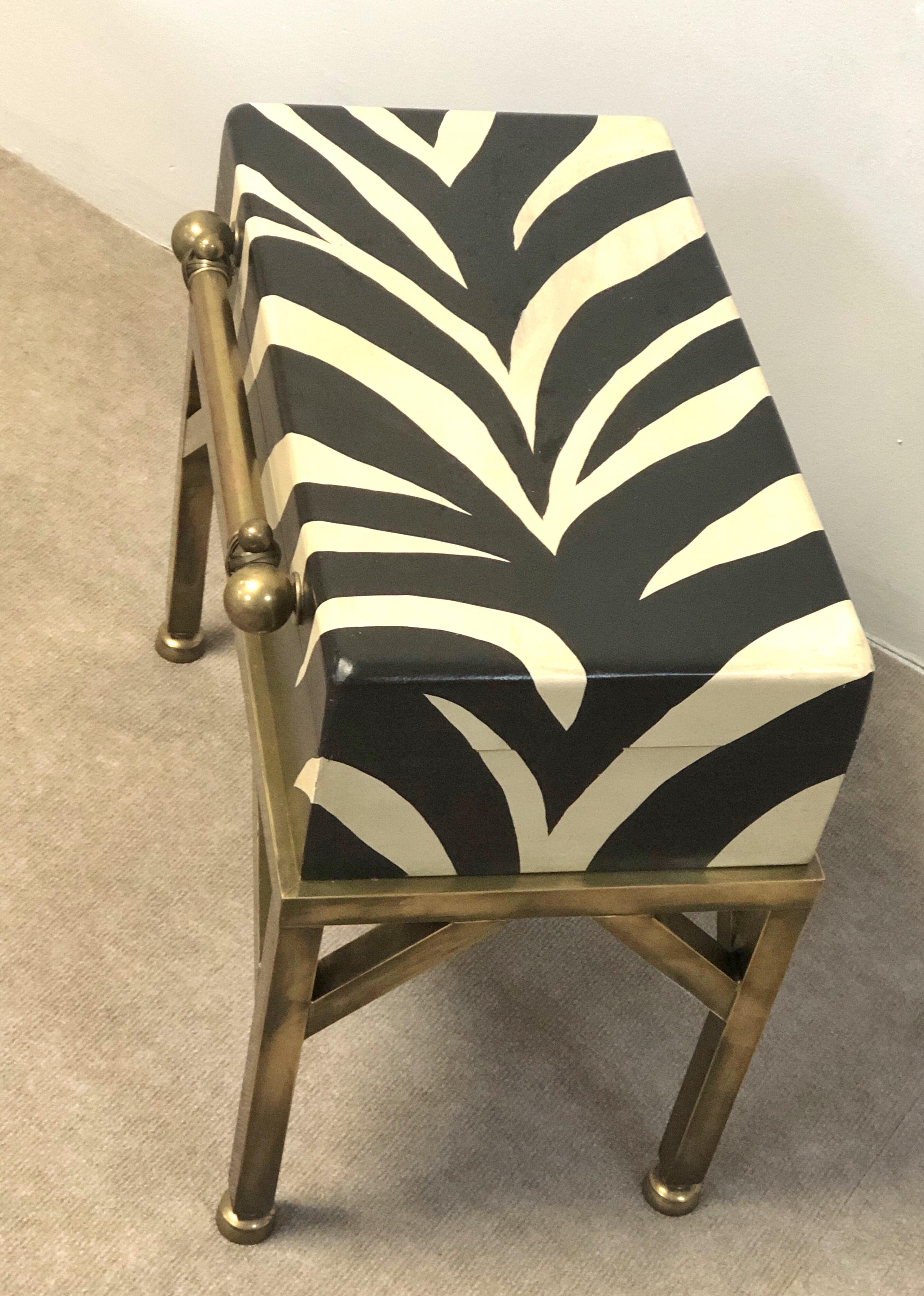 Faux Zebra Box Table with Brass Stand by Hart Associates, 1980s In Good Condition In Miami, FL