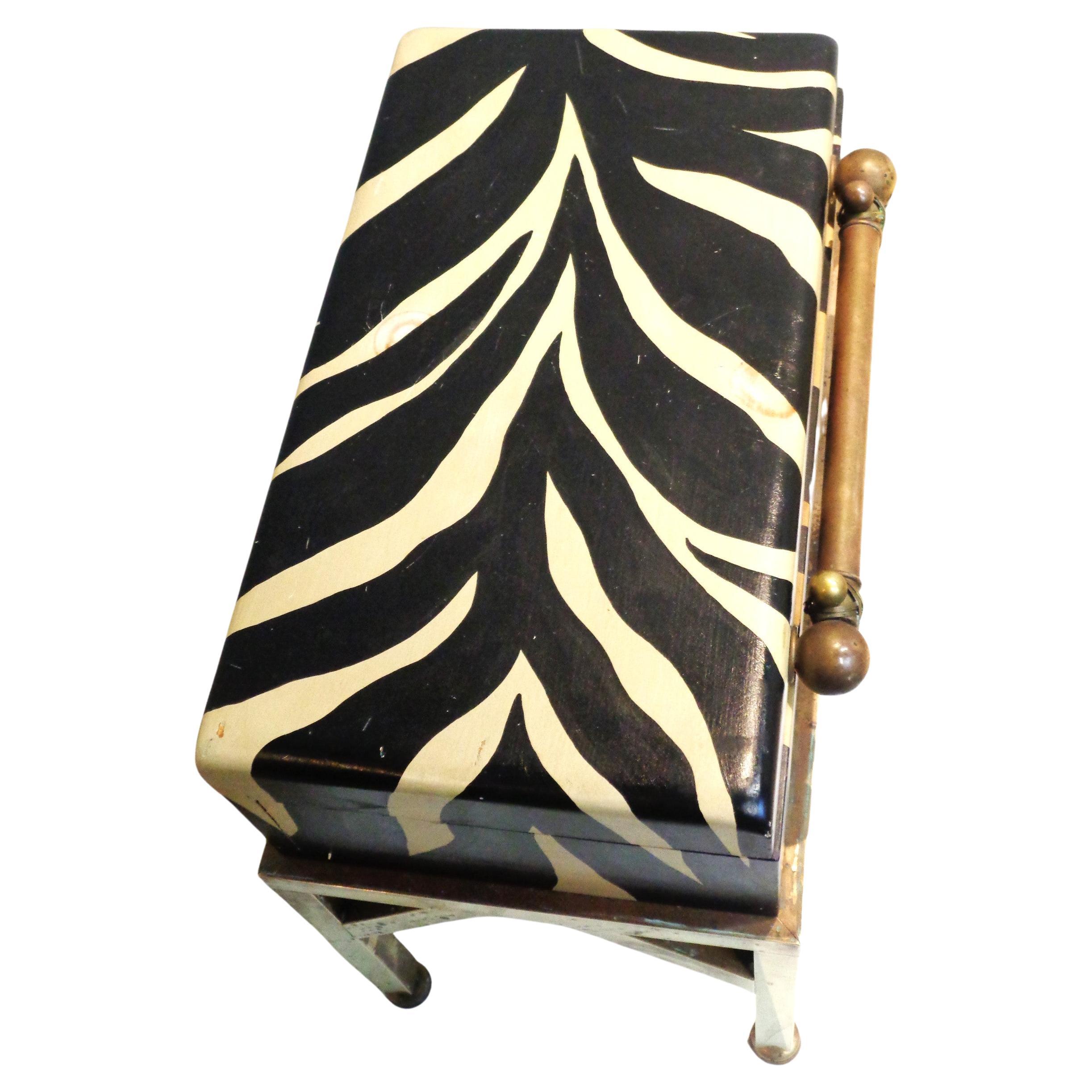 Faux Zebra Painted Wood Box w/ Brass Table Stand, 1970's 3