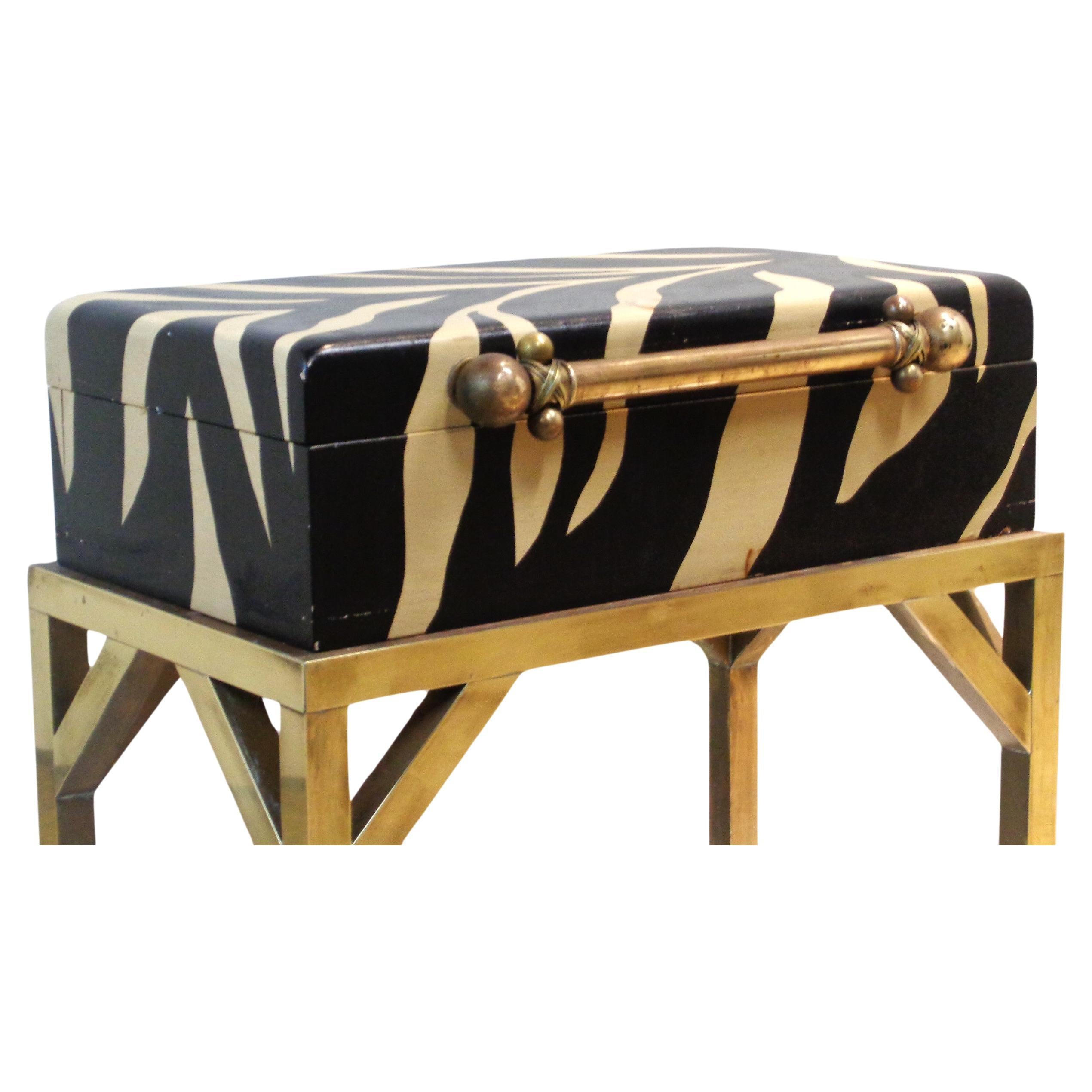 Faux Zebra Painted Wood Box w/ Brass Table Stand, 1970's 6
