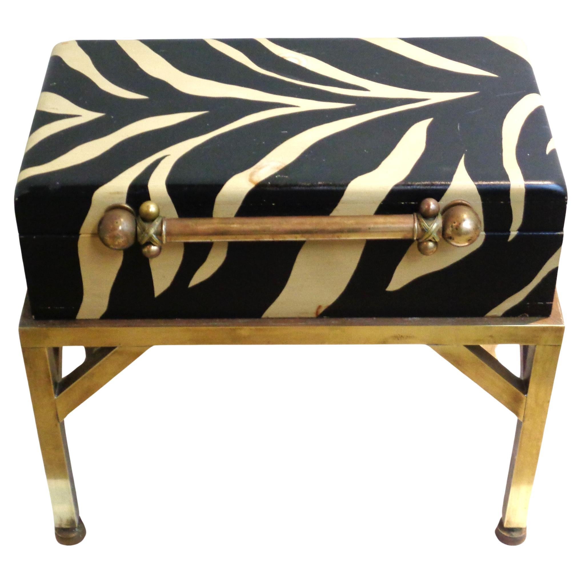 British Colonial Faux Zebra Painted Wood Box w/ Brass Table Stand, 1970's