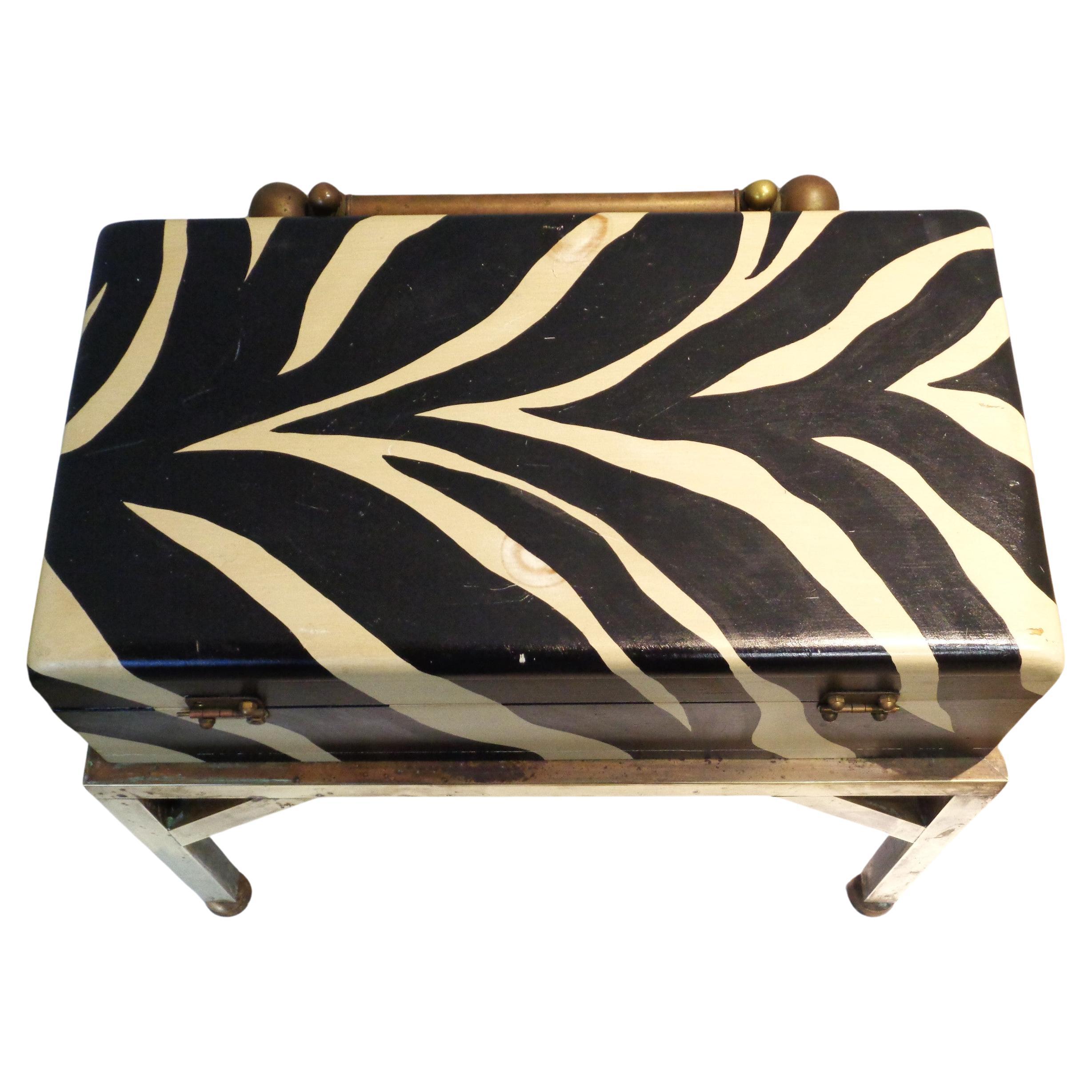 Hand-Crafted Faux Zebra Painted Wood Box w/ Brass Table Stand, 1970's