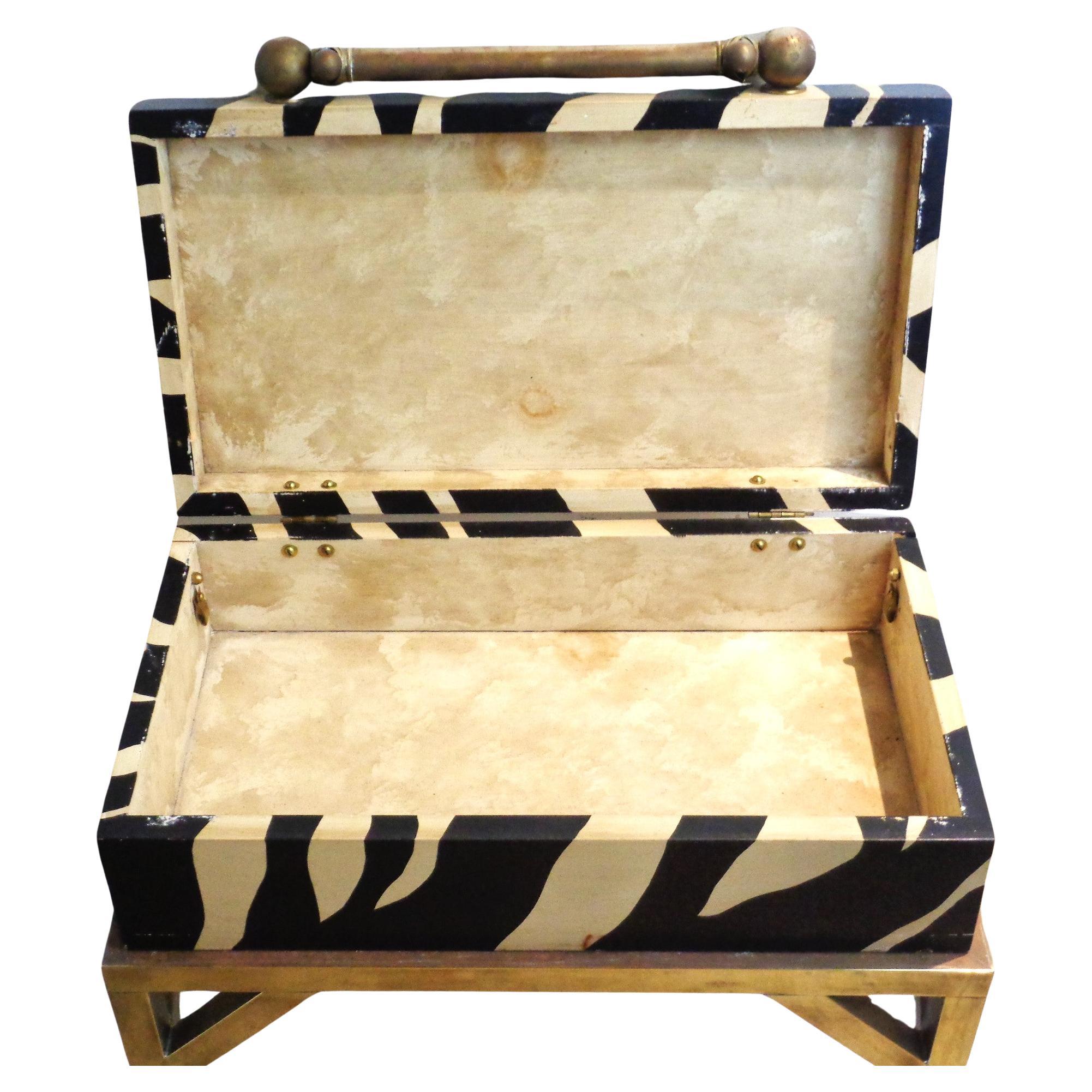 Faux Zebra Painted Wood Box w/ Brass Table Stand, 1970's In Fair Condition In Rochester, NY