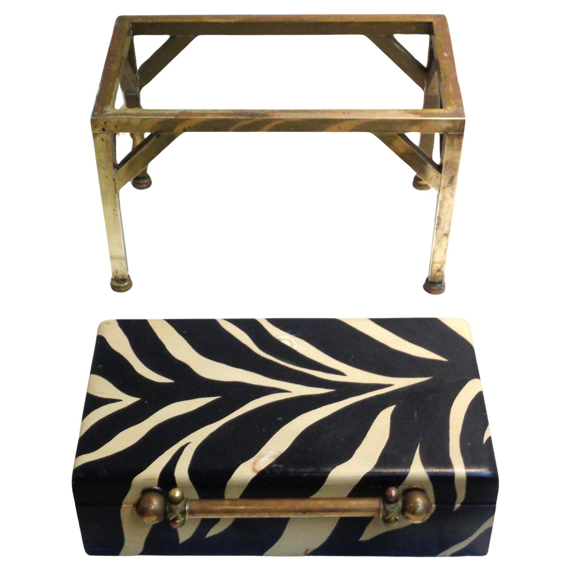 Late 20th Century Faux Zebra Painted Wood Box w/ Brass Table Stand, 1970's