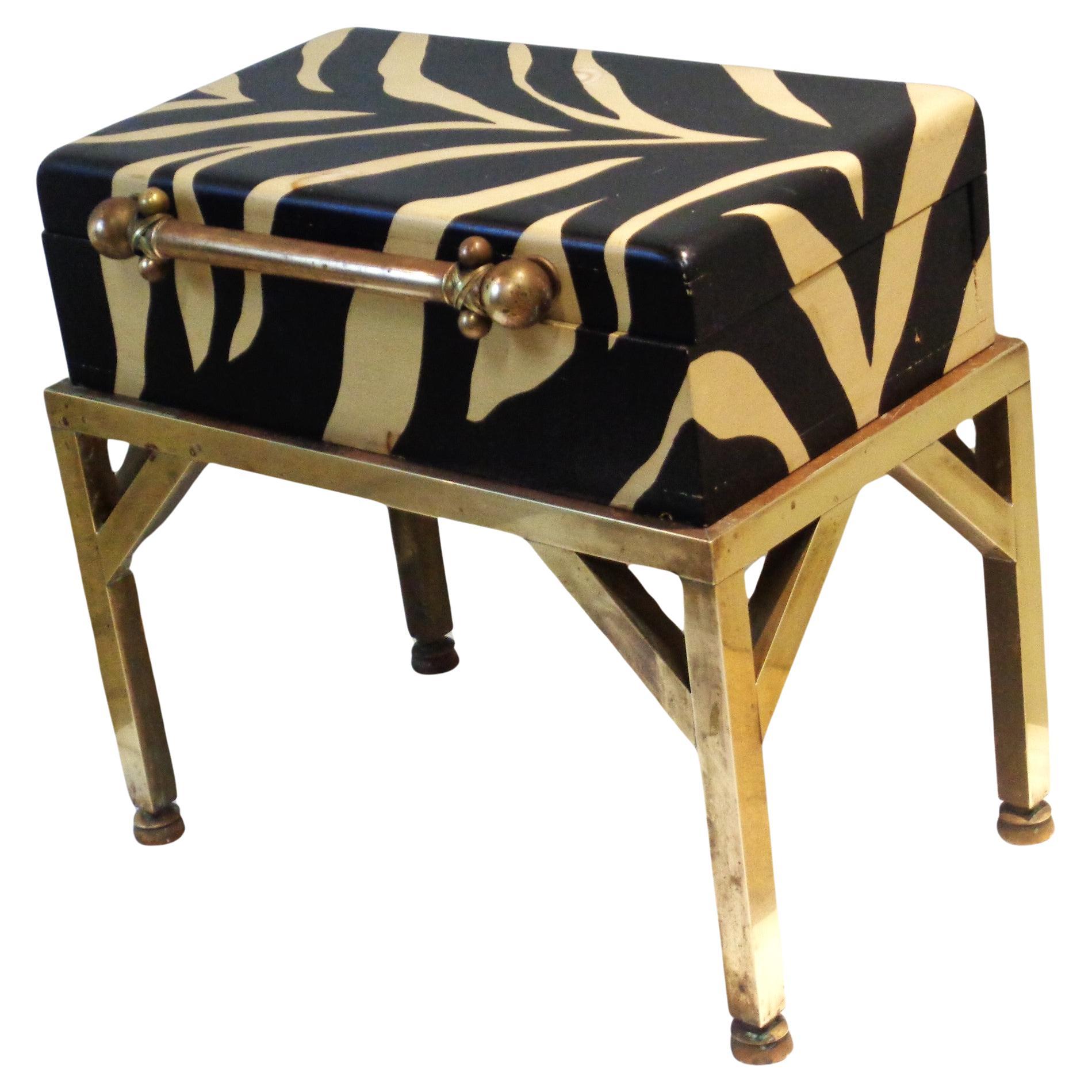 Faux Zebra Painted Wood Box w/ Brass Table Stand, 1970's 2