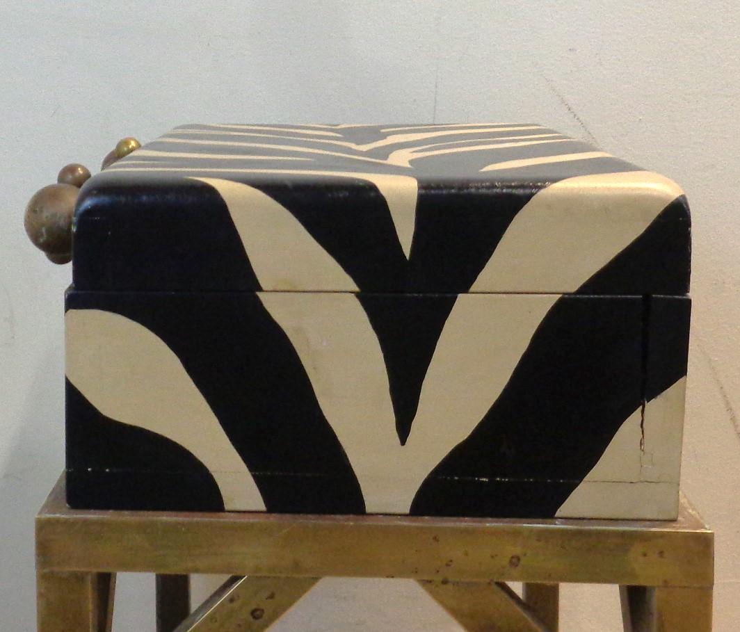 Faux Zebra Painted Wood Box w/ Brass Table Stand, 1970's 5