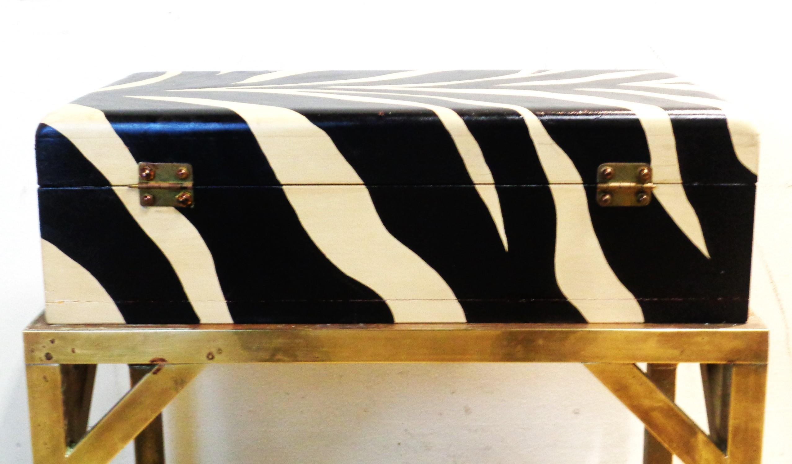 Unknown Faux Zebra Painted Wood Box w/ Brass Table Stand, 1970's