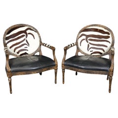 Fauteuils Louis XVI français extra larges en cuir et cuir imprimés faux zèbre