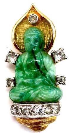 Faux Jade Buddha Pin with Rhinestones, Style of Cartier Travel Jewelry, 1950s