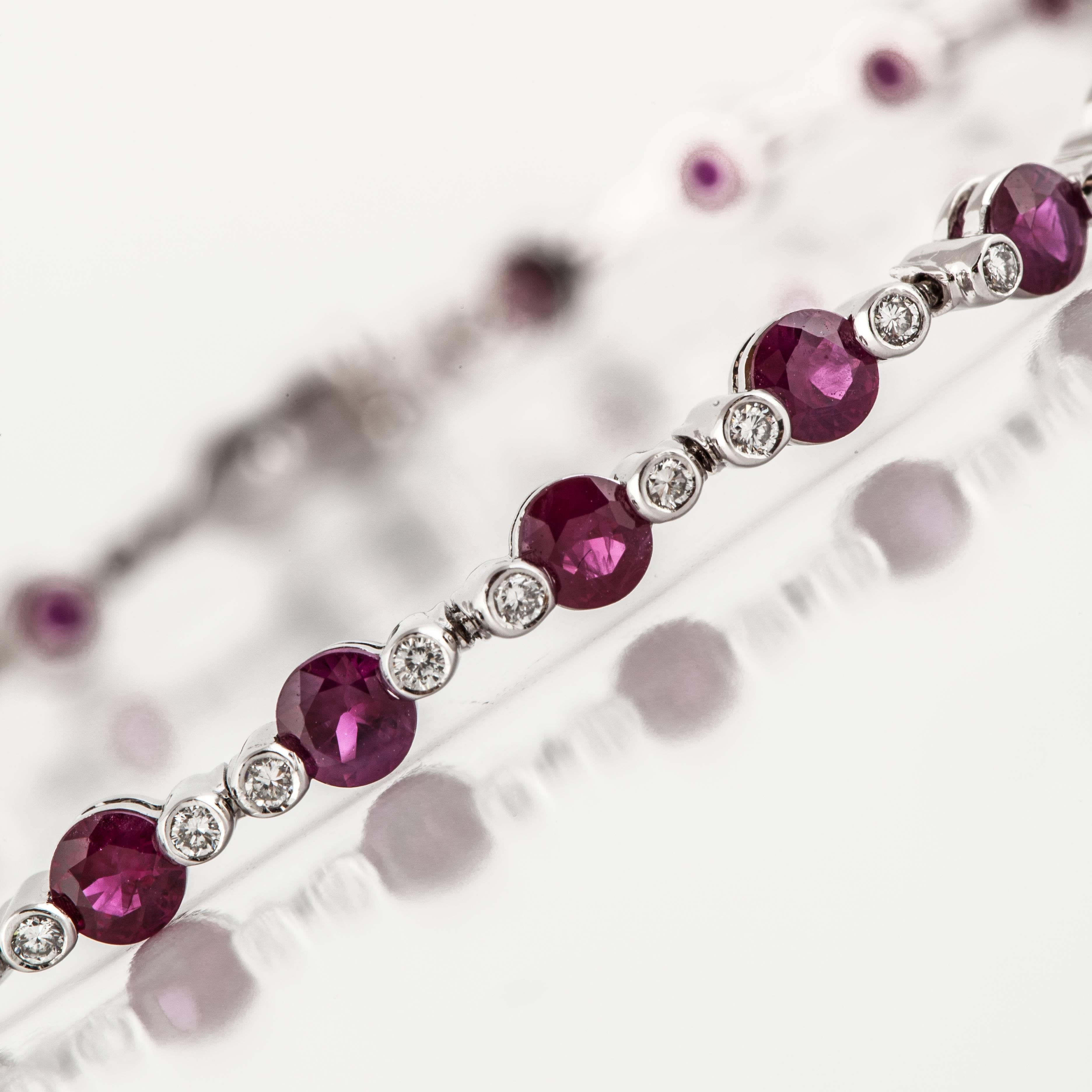 Round Cut Favero Ruby and Diamond Line Bracelet in 18K White Gold