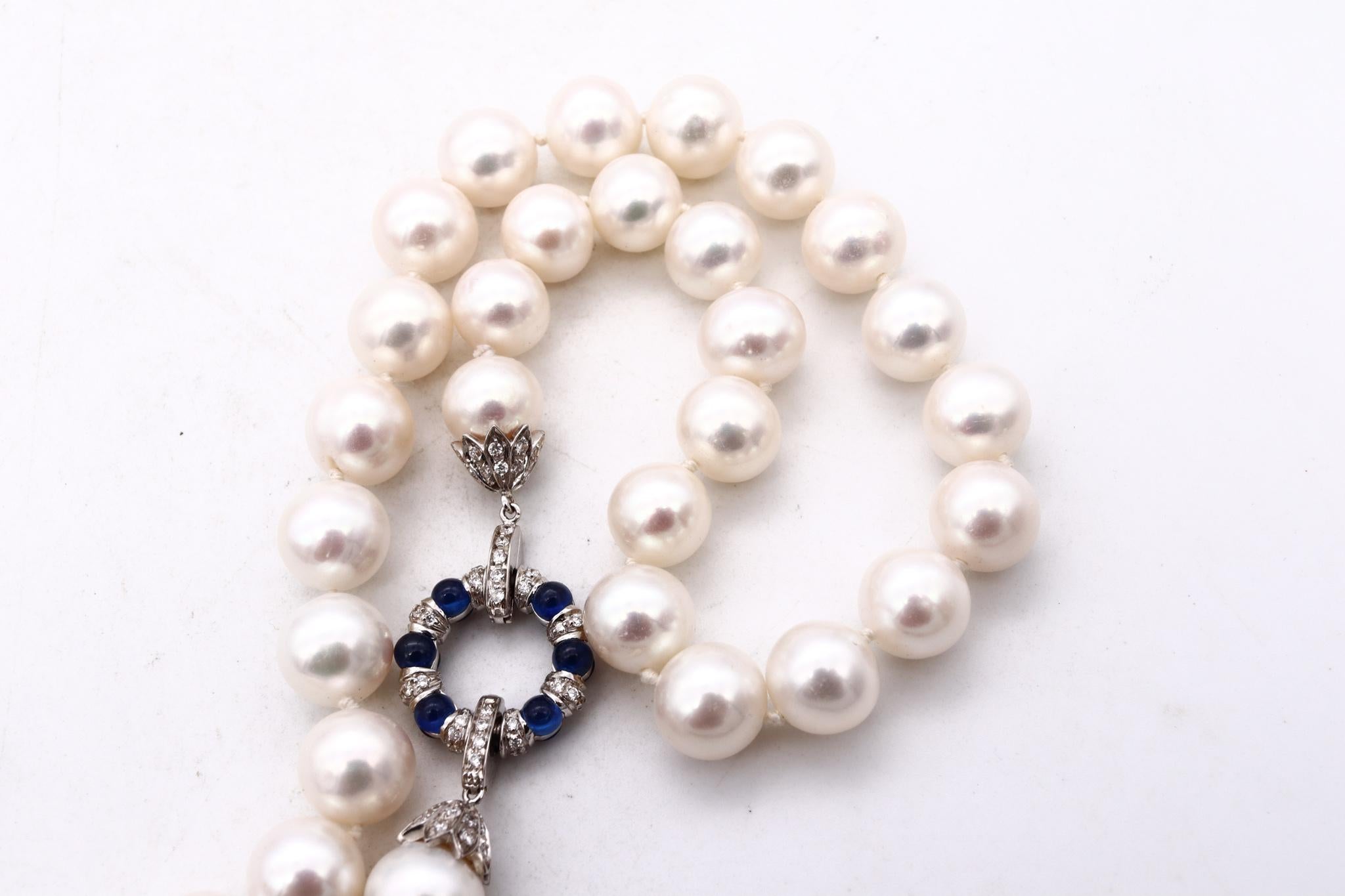 Modernist Favero Italy 18Kt Gold Necklace Akoya Pearls and 4.74 Cts in Sapphire Diamonds