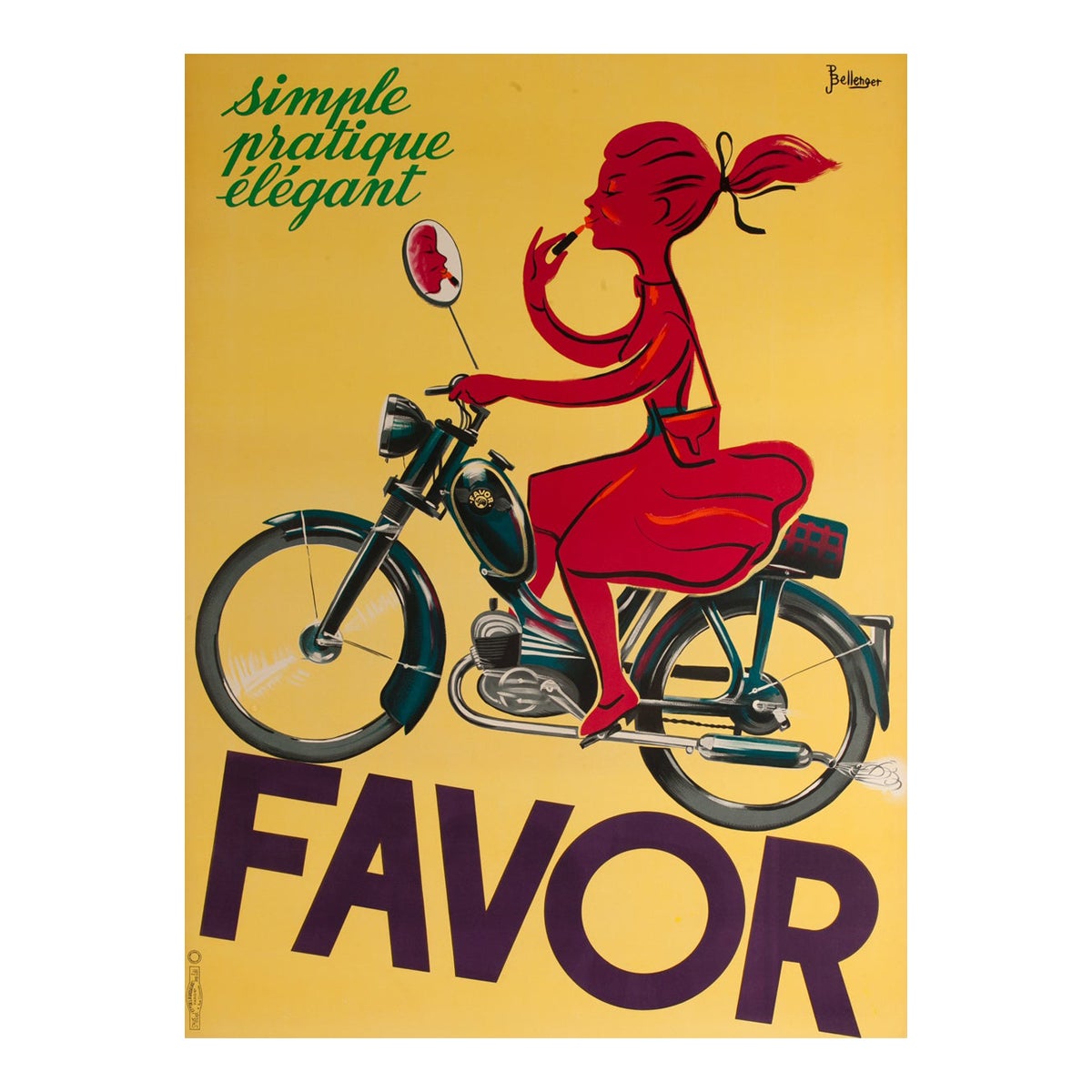 Favor c1950er Motorrad-Werbeplakat Bellenger, Bellenger im Angebot