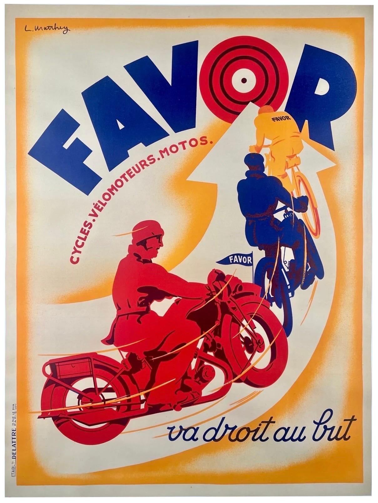 Affiche Art déco française d'époque, originale et authentique, « FAVOR CYCLES », 1928 en vente