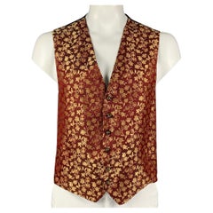 FAVOURBROOK Size 48 Red Gold Jacquard Silk Buttoned Vest
