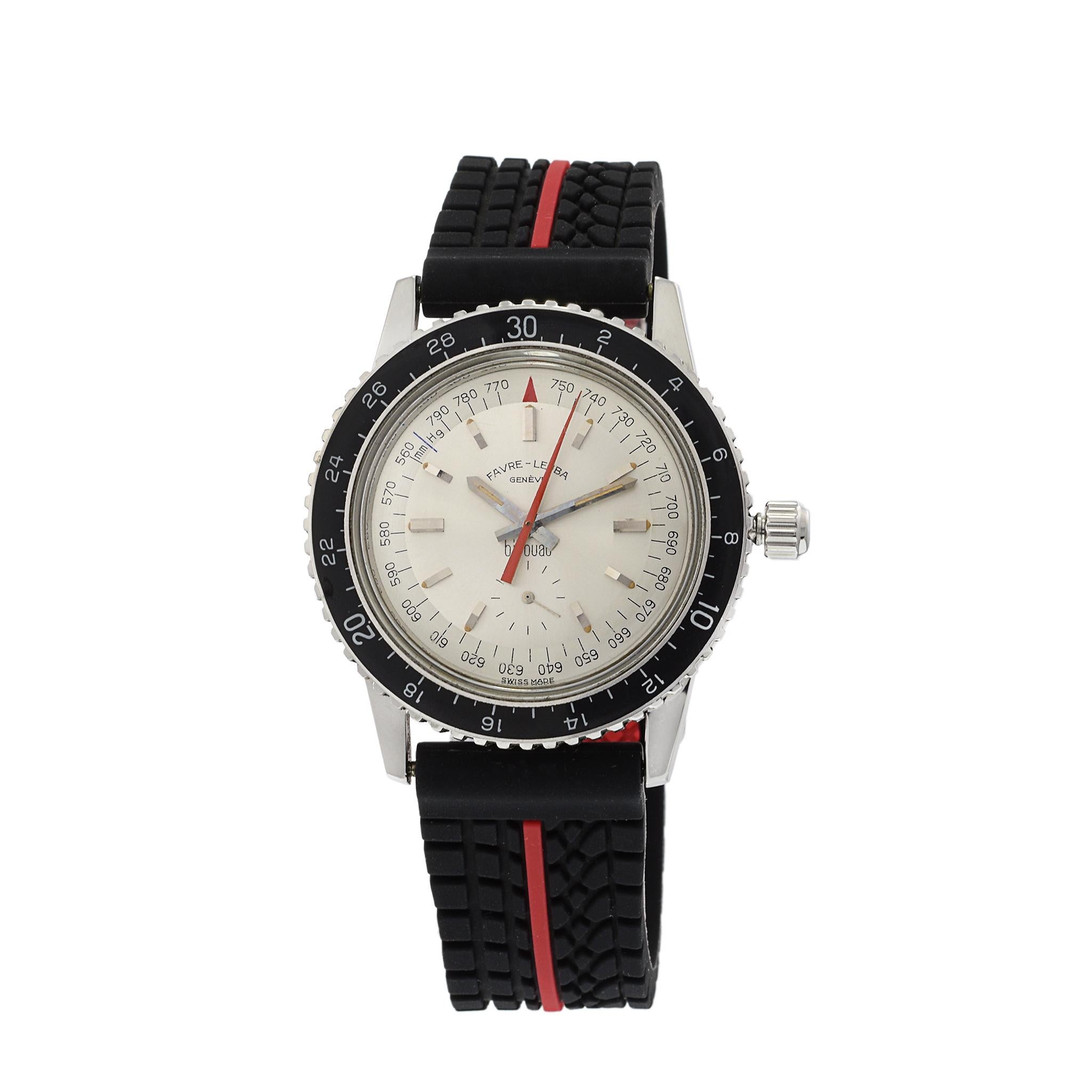 This is a Favre-Leuba Bivouac Altimeter Barometer reference 53213. This watch has a mint original silver dial, black bezel and a manual wind movement. These watches were used by the alpinists first climbing the north side of the Matterhorn and in