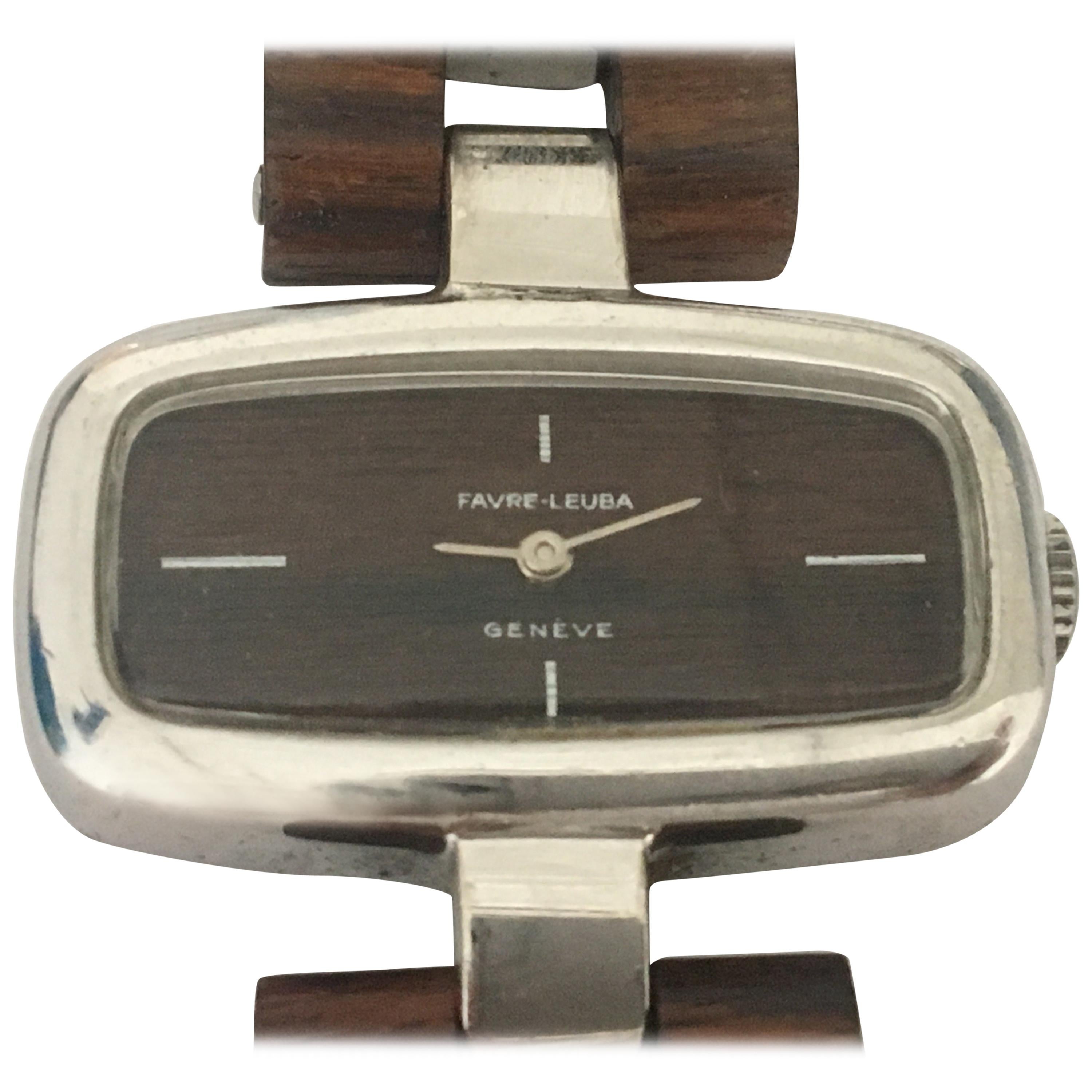 Favre Leuba Rosewood and Rodium Modernist Watch, circa 1970s For Sale