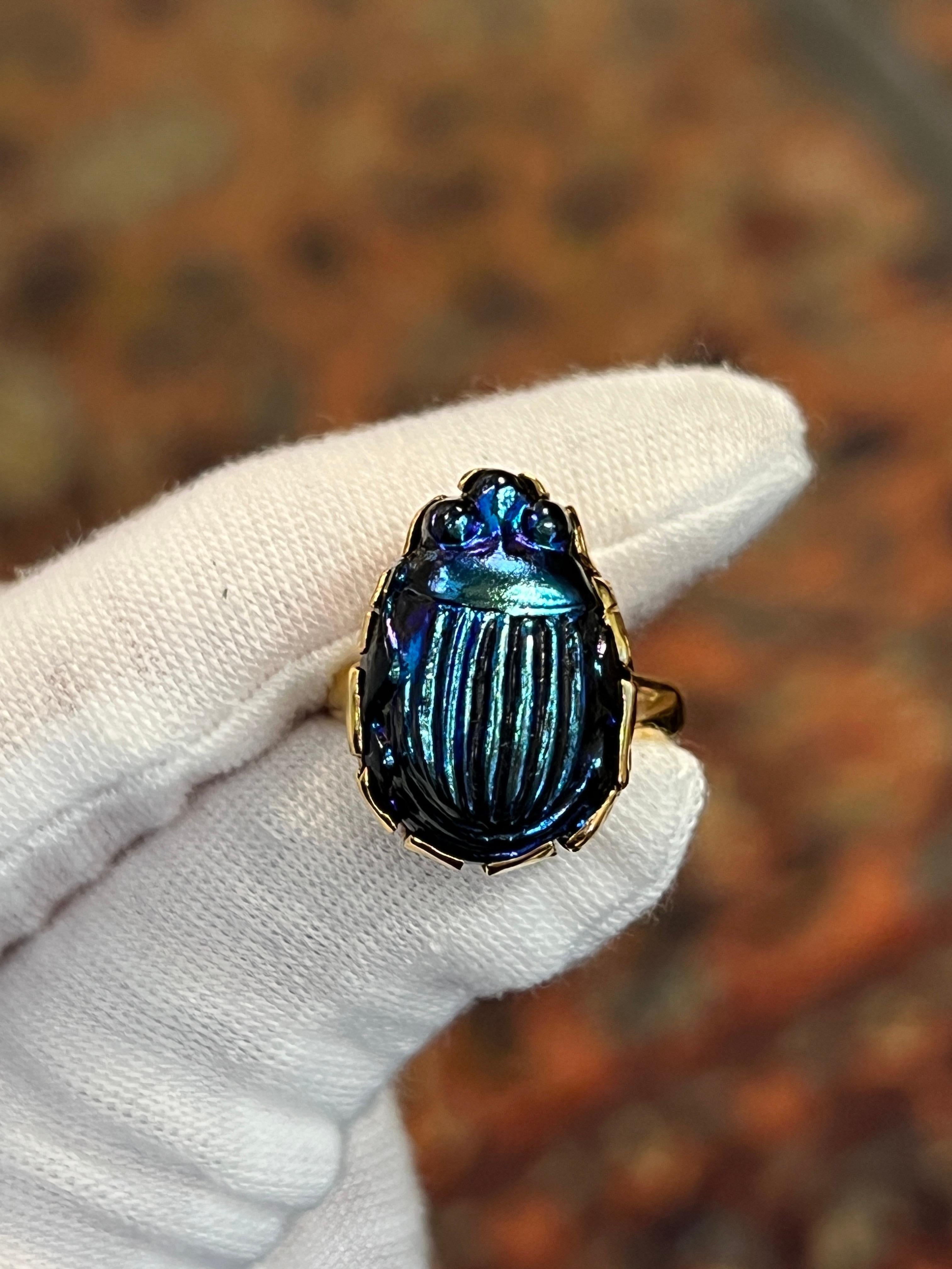 Favrile Glass Scarab Ring In Excellent Condition For Sale In New York, NY