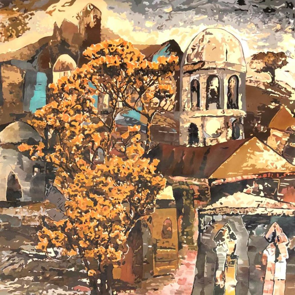 Fawad Tamakanat Figurative Painting – Cityscape, Acryl auf Leinwand, zeitgenössische indische Künstlerin, „Auf Lager“