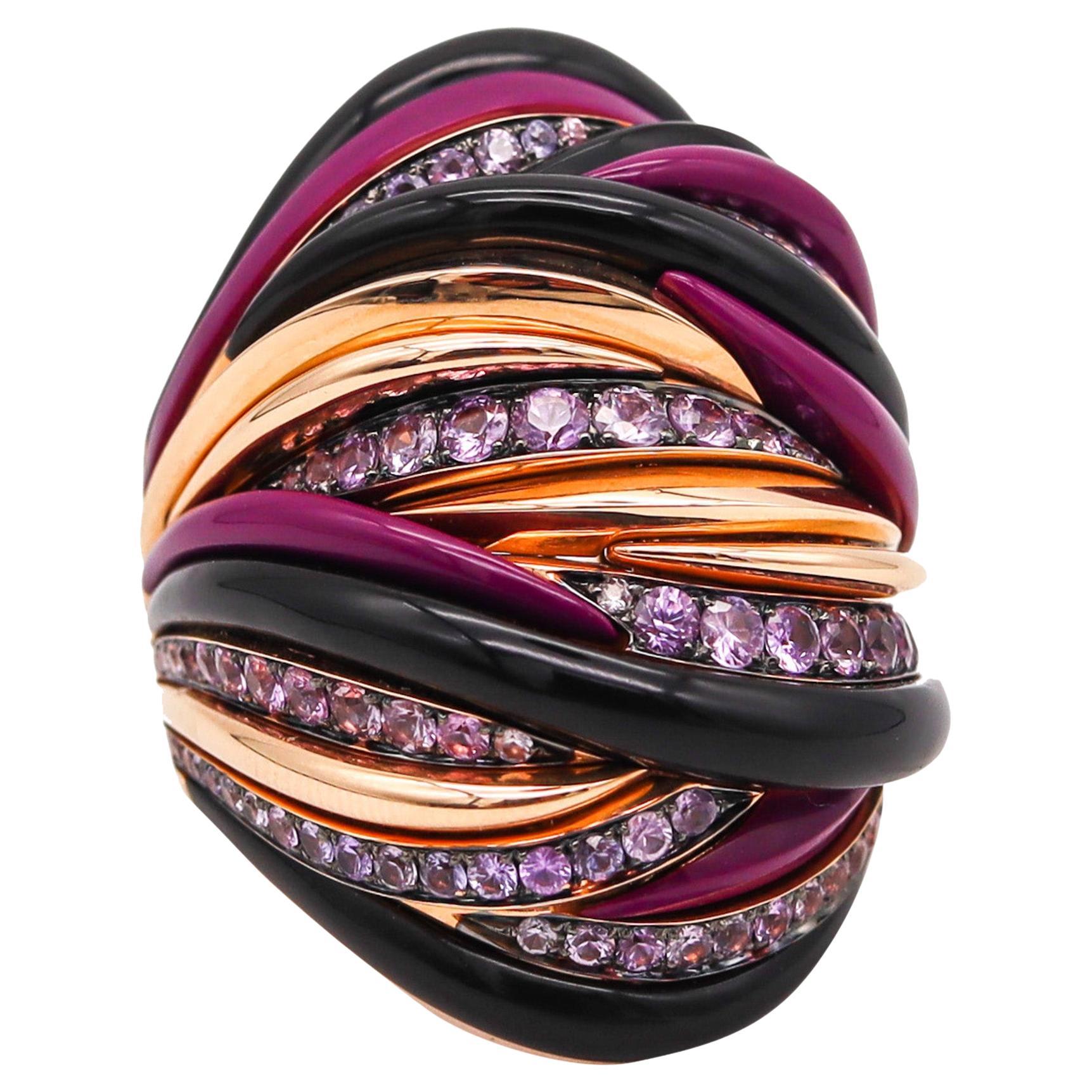 Fawaz Gruosi Sculptural Cocktail Ring in 18kt Gold 3.72ctw in Purple Sapphires For Sale