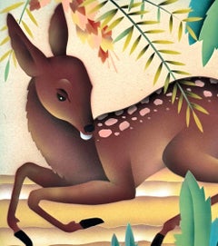 "Fawn", Art Deco Painting of Resting Deer, Brown, Green and Yellow, Ohio Artist